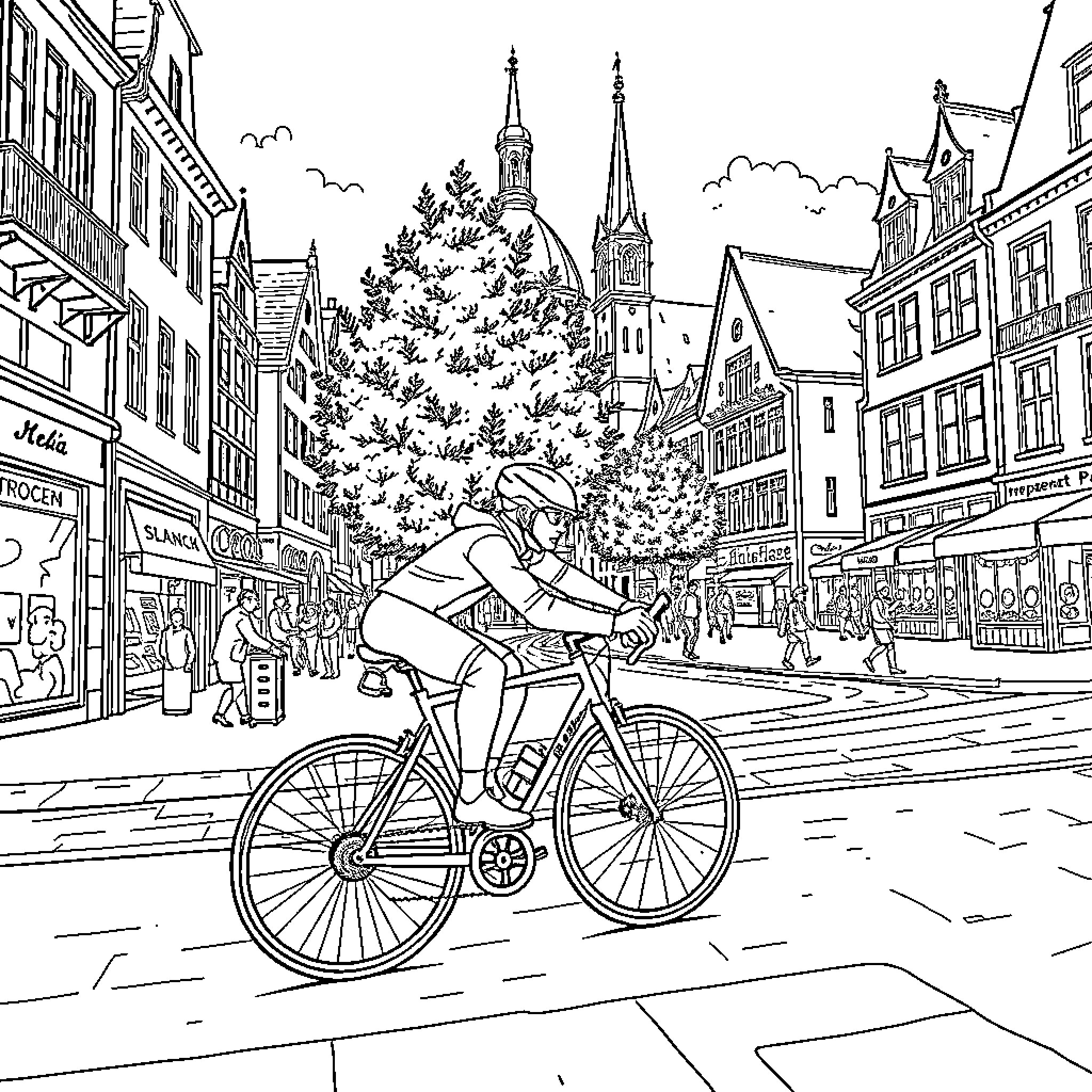 Rennradfahrer in einer historischen Stadt Coloring Page (free black-and-white line drawing printable PDF for all, from beginners to advanced learners, including children, teens, adults, and seniors)