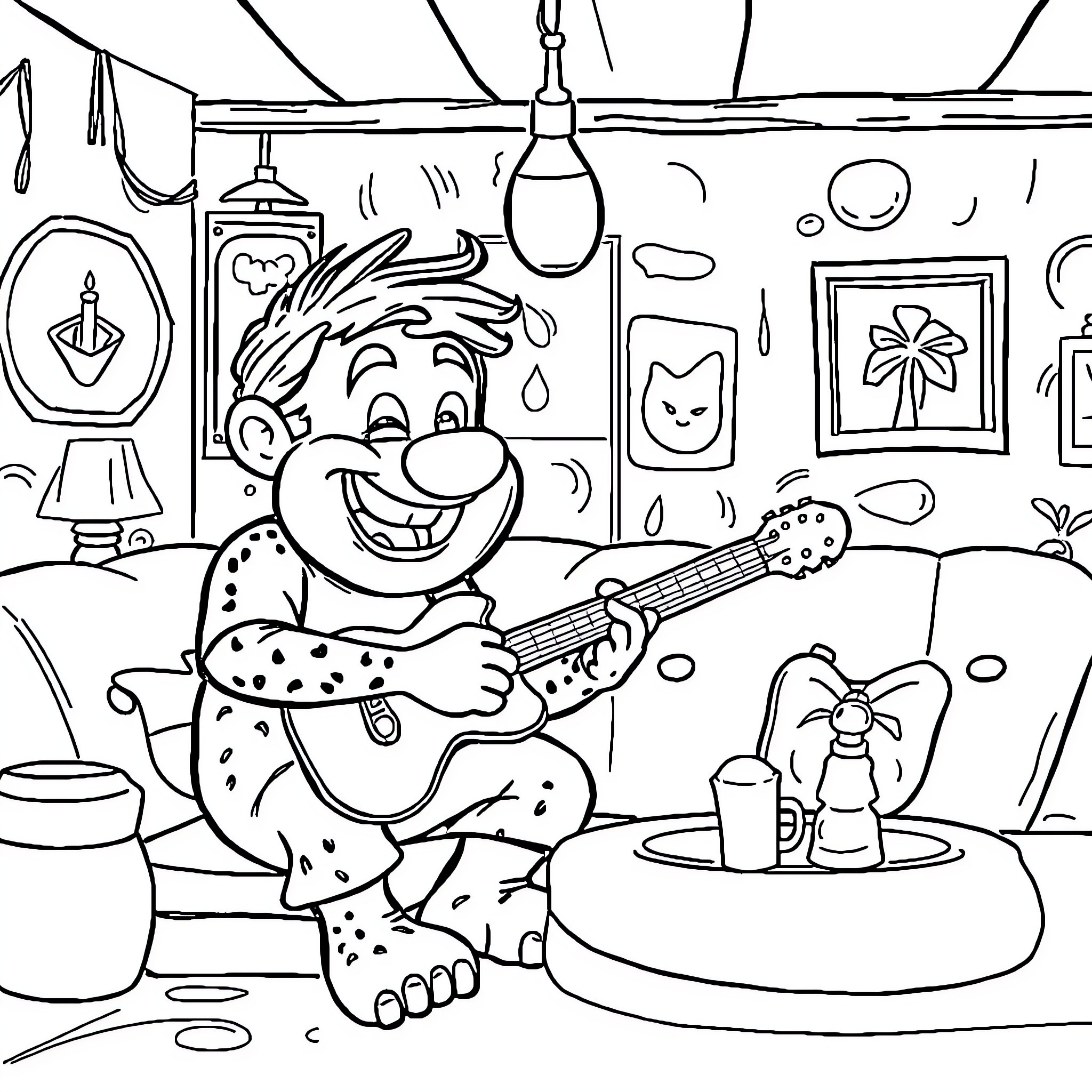 Mole playing guitar in cozy cottage Coloring Page (free black-and-white line drawing printable PDF for all, from beginners to advanced learners, including children, teens, adults, and seniors)
