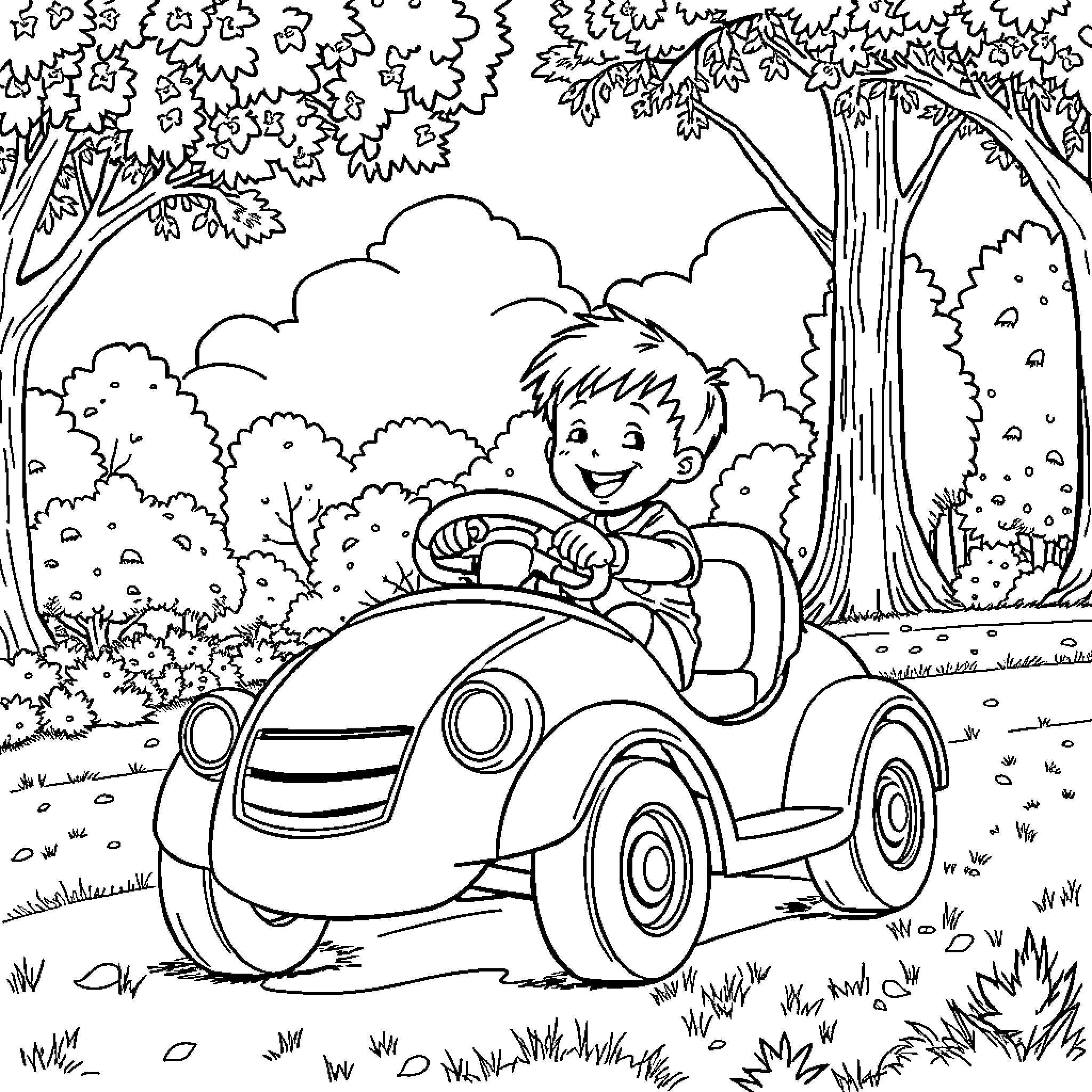 Child driving a toy car in the park Coloring Page (free black-and-white line drawing printable PDF for all, from beginners to advanced learners, including children, teens, adults, and seniors)