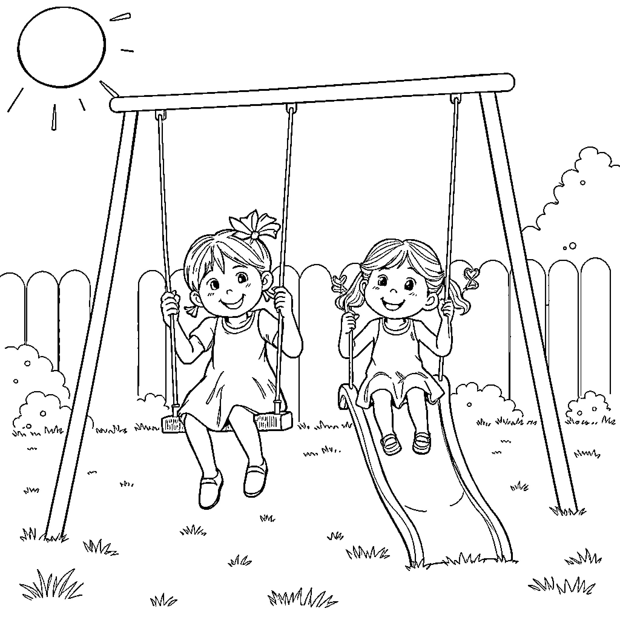 Girls enjoying swinging on a sunny day Coloring Page (free black-and-white line drawing printable PDF for all, from beginners to advanced learners, including children, teens, adults, and seniors)