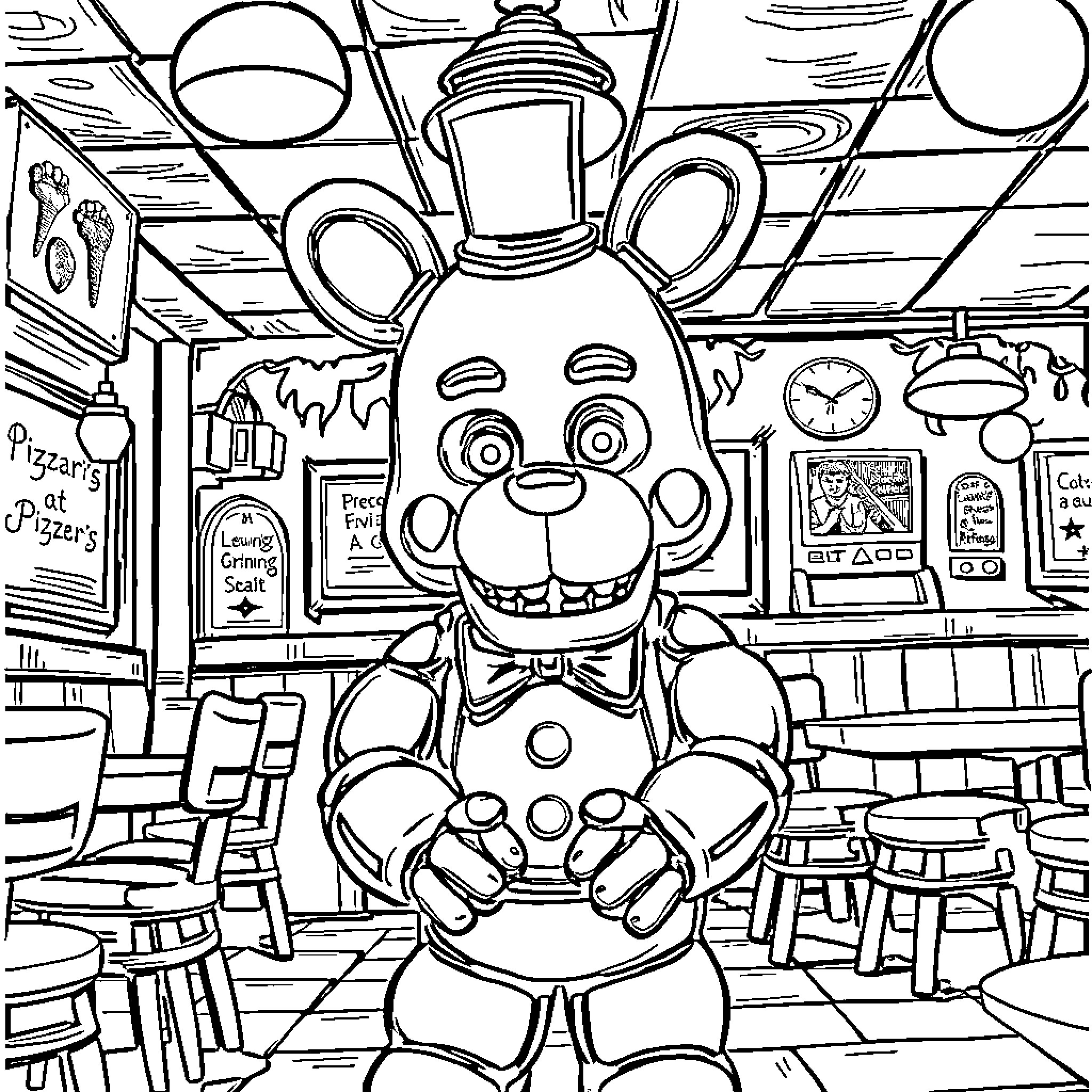 Freddy's Pizzeria: A Whimsical Dining Establishment Coloring Page (free black-and-white line drawing printable PDF for all, from beginners to advanced learners, including children, teens, adults, and seniors)
