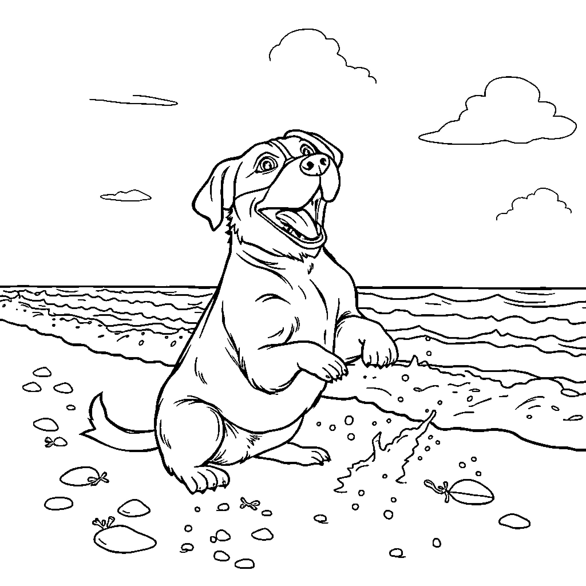 Dachshund playing joyfully at the beach Coloring Page (free black-and-white line drawing printable PDF for all, from beginners to advanced learners, including children, teens, adults, and seniors)