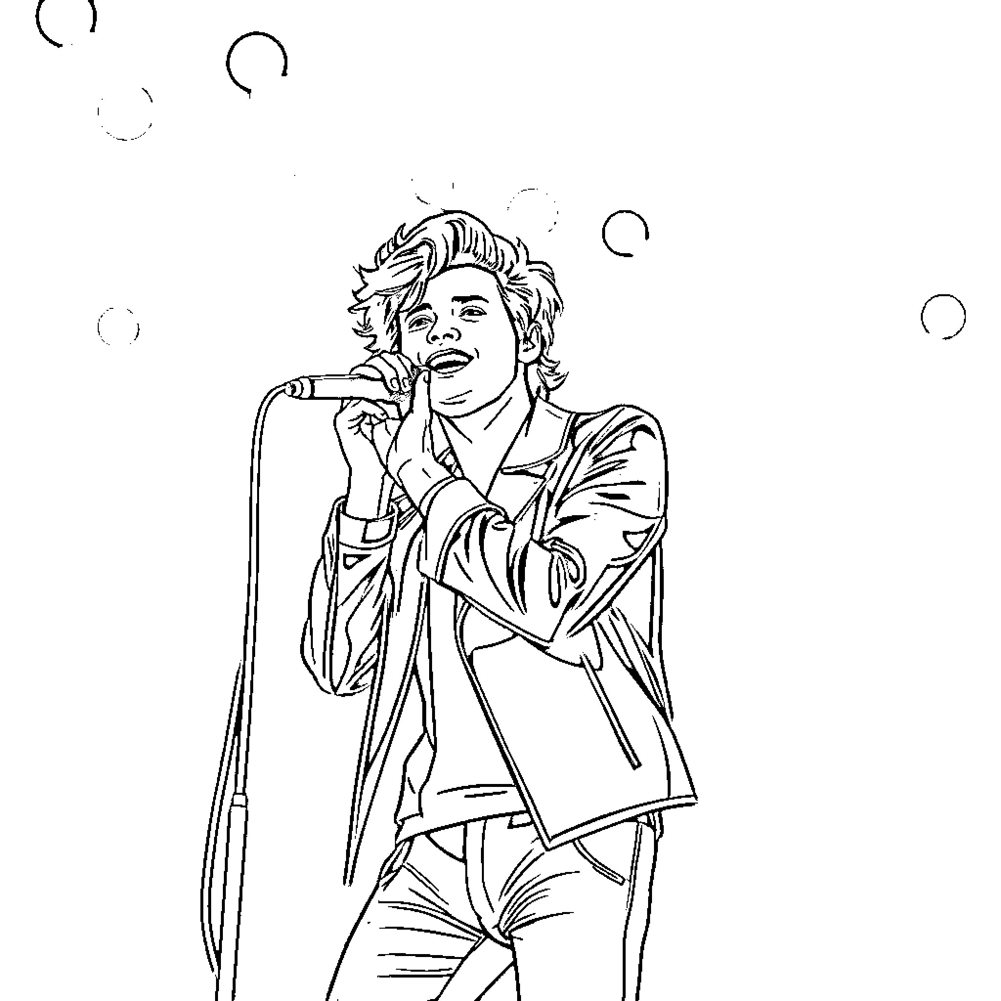 Harry Styles performing on stage with a microphone Coloring Page (free black-and-white line drawing printable PDF for all, from beginners to advanced learners, including children, teens, adults, and seniors)