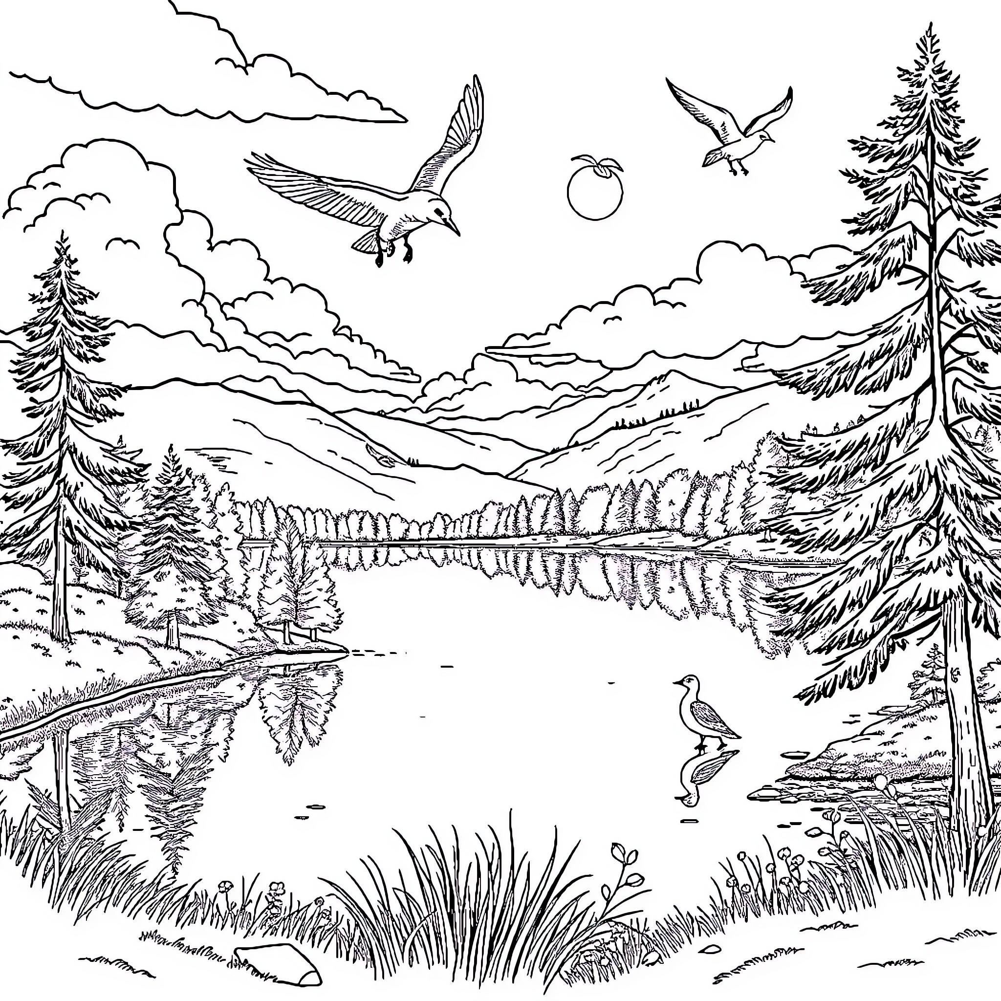 Lake with birds and trees in scenic landscape Coloring Page (free black-and-white line drawing printable PDF for all, from beginners to advanced learners, including children, teens, adults, and seniors)