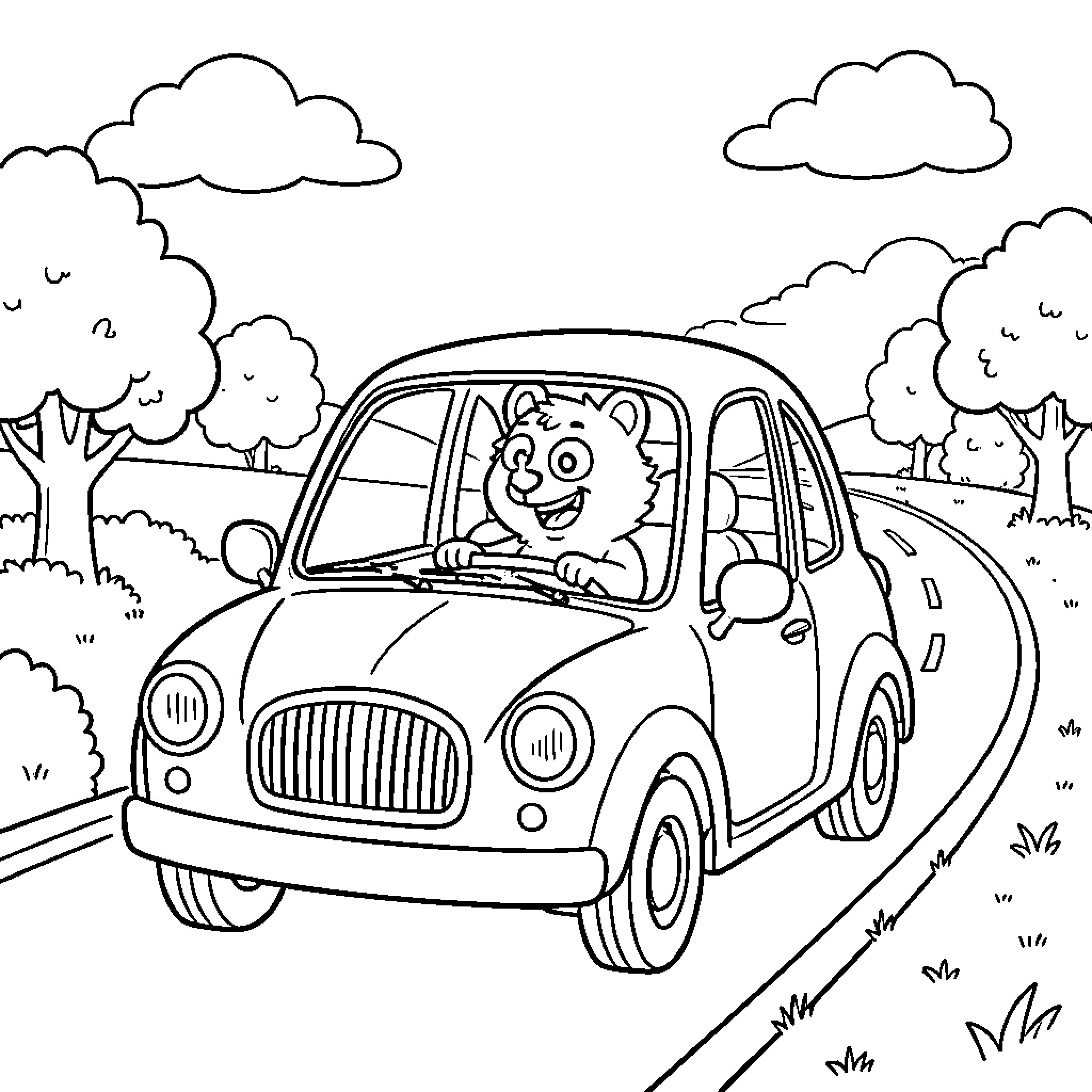 Bluey driving a car through a scenic landscape Coloring Page (free black-and-white line drawing printable PDF for all, from beginners to advanced learners, including children, teens, adults, and seniors)