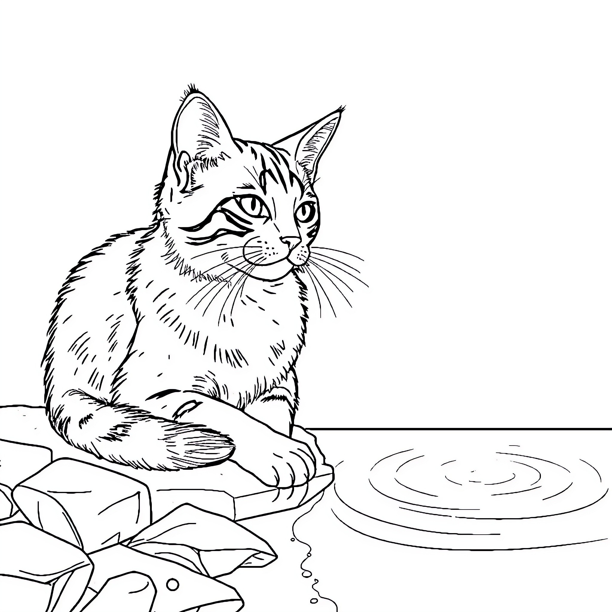 Cat observing tranquil water ripples Coloring Page (free black-and-white line drawing printable PDF for all, from beginners to advanced learners, including children, teens, adults, and seniors)