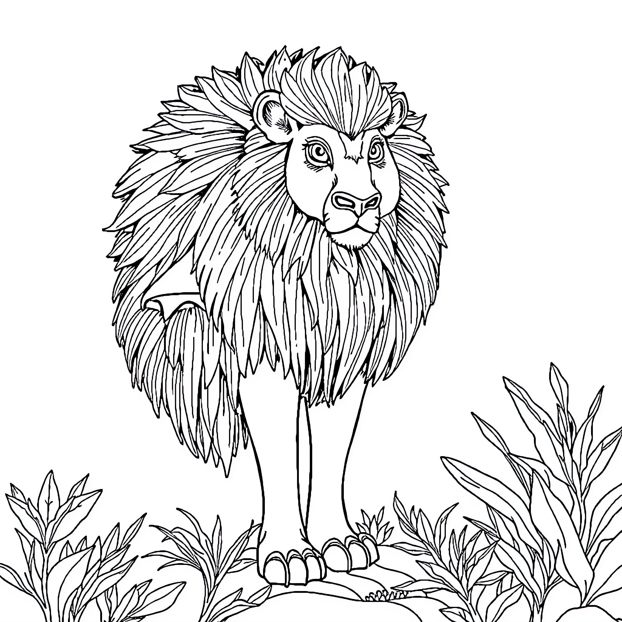 Mammals - Majestic lion in the wild Coloring Page (free black-and-white line drawing printable PDF for all, from beginners to advanced learners, including children, teens, adults, and seniors)