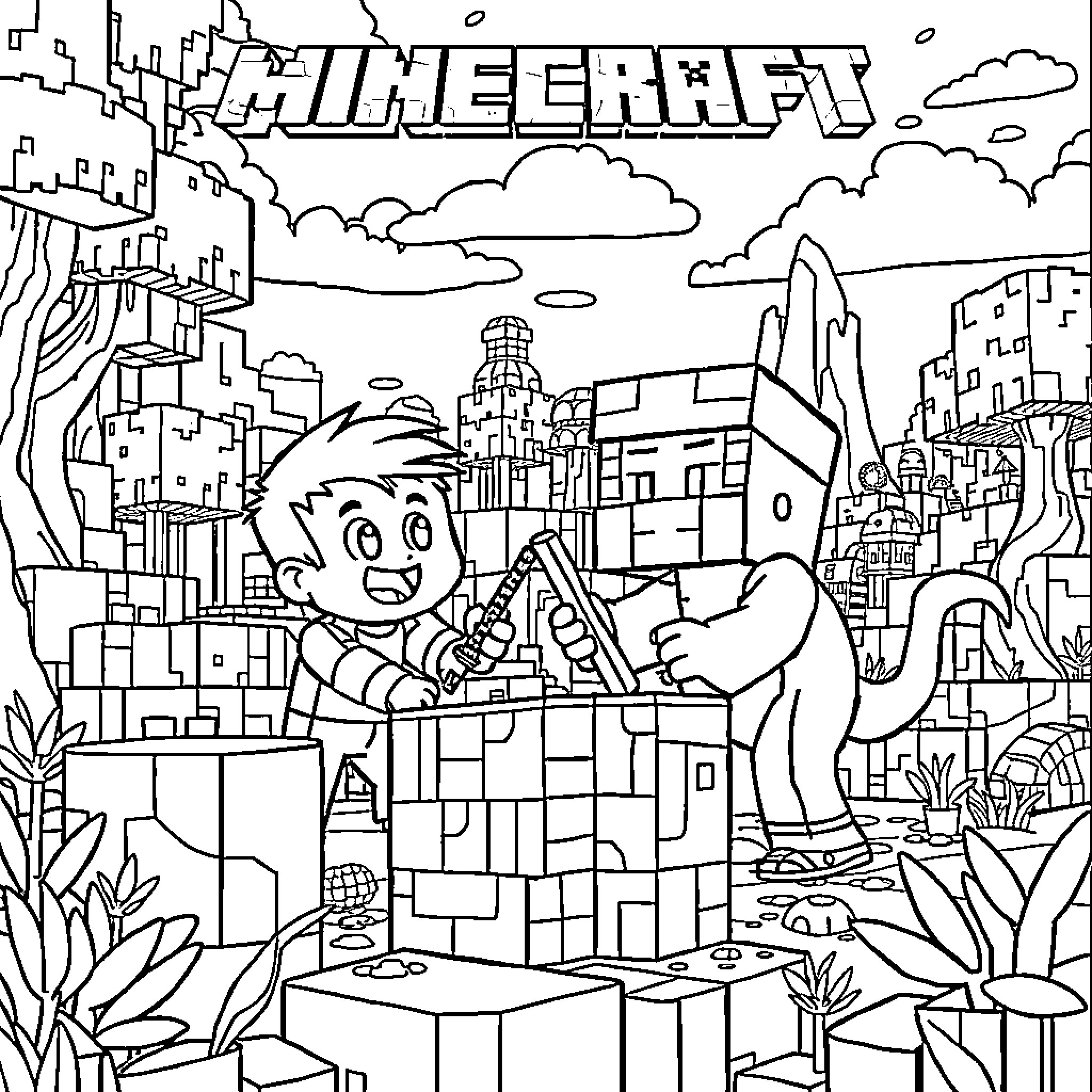 Gumball character exploring the Minecraft world Coloring Page (free black-and-white line drawing printable PDF for all, from beginners to advanced learners, including children, teens, adults, and seniors)