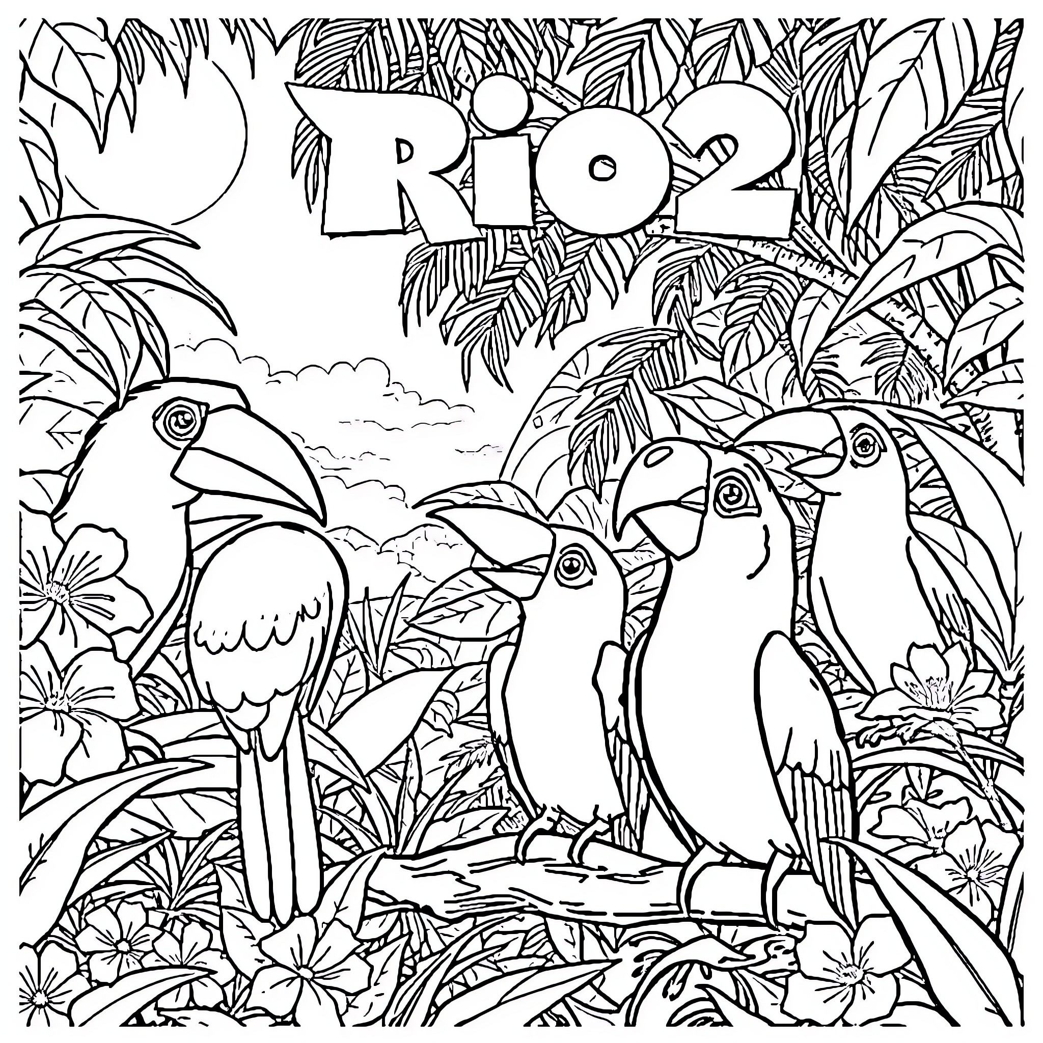 Rio: Tropical Birds in Vibrant Rainforest Habitat Coloring Page (free black-and-white line drawing printable PDF for all, from beginners to advanced learners, including children, teens, adults, and seniors)