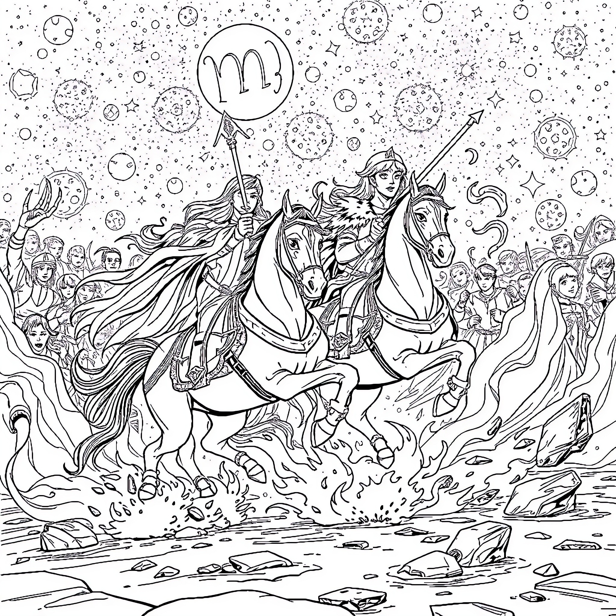 Zodiac Knights Riding Majestic Steeds through Fantastical Realms Coloring Page (free black-and-white line drawing printable PDF for all, from beginners to advanced learners, including children, teens, adults, and seniors)