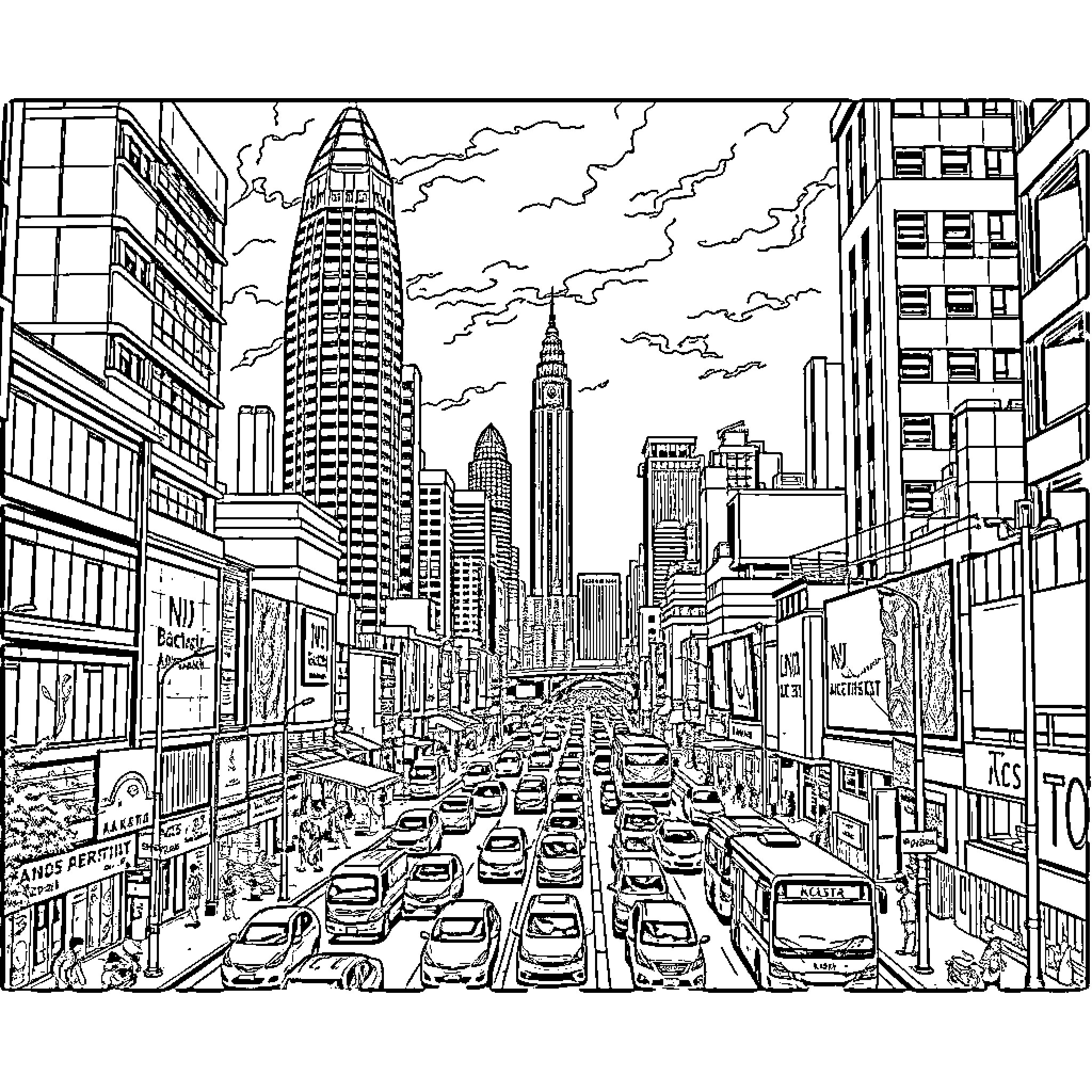 Jakarta cityscape with towering skyscrapers and bustling streets Coloring Page (free black-and-white line drawing printable PDF for all, from beginners to advanced learners, including children, teens, adults, and seniors)