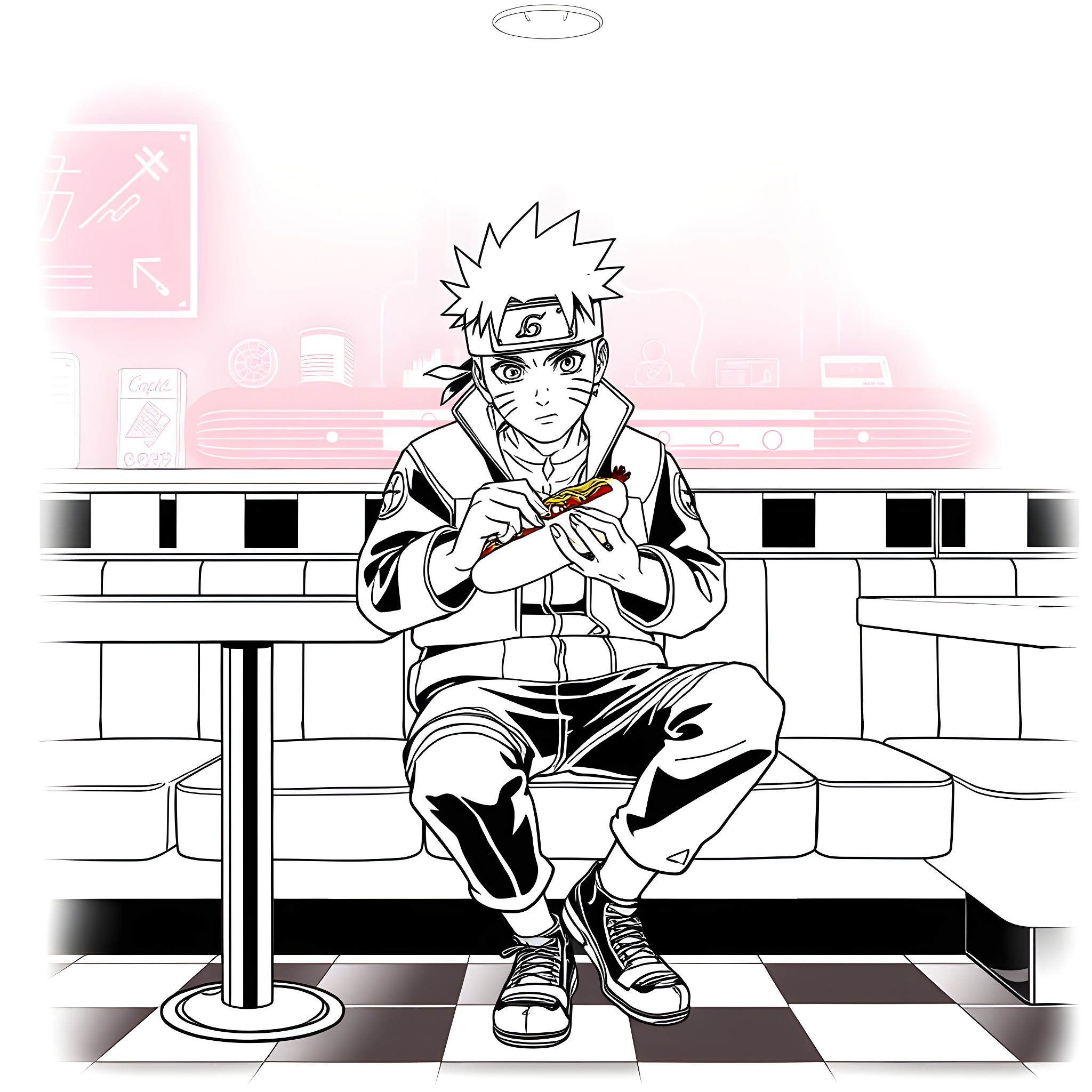 Naruto sitting and contemplating in the train station Coloring Page (free black-and-white line drawing printable PDF for all, from beginners to advanced learners, including children, teens, adults, and seniors)