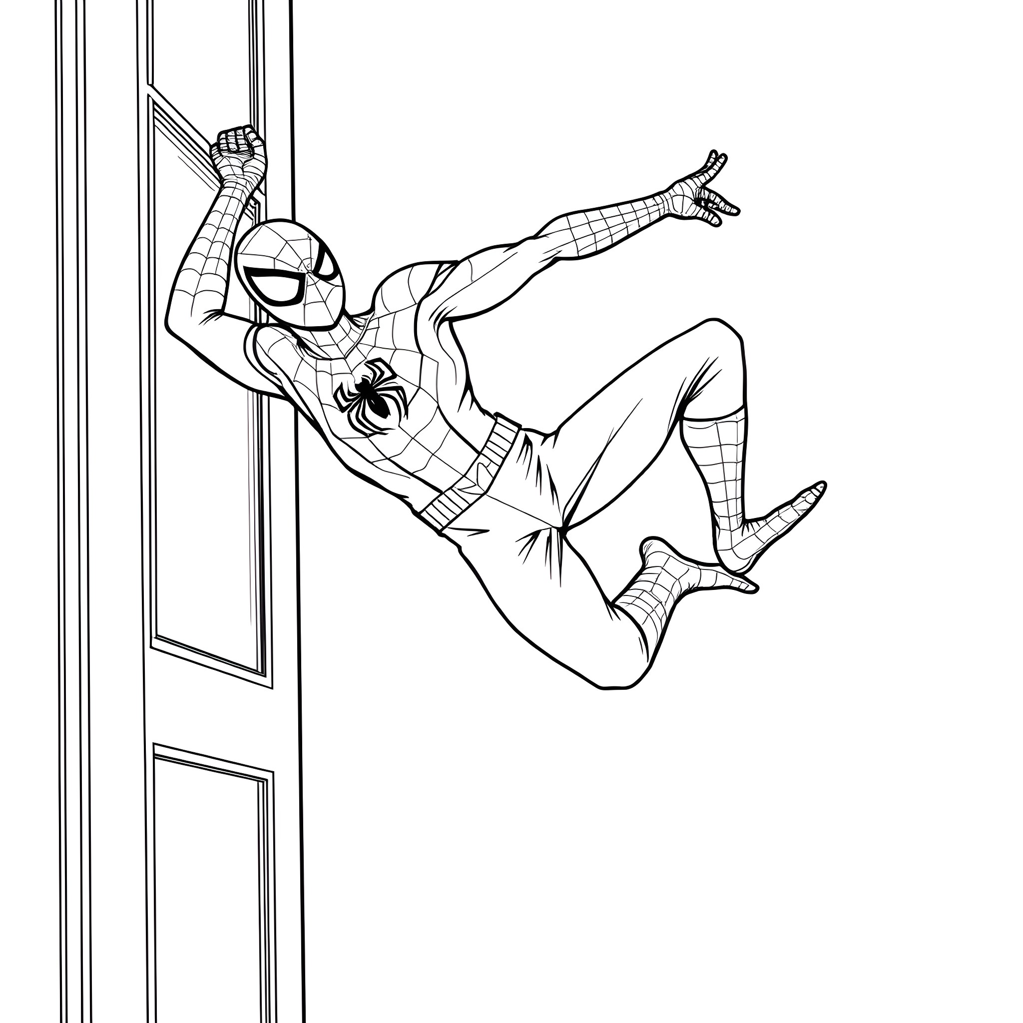 Spiderman swinging and climbing through the city Coloring Page (free black-and-white line drawing printable PDF for all, from beginners to advanced learners, including children, teens, adults, and seniors)