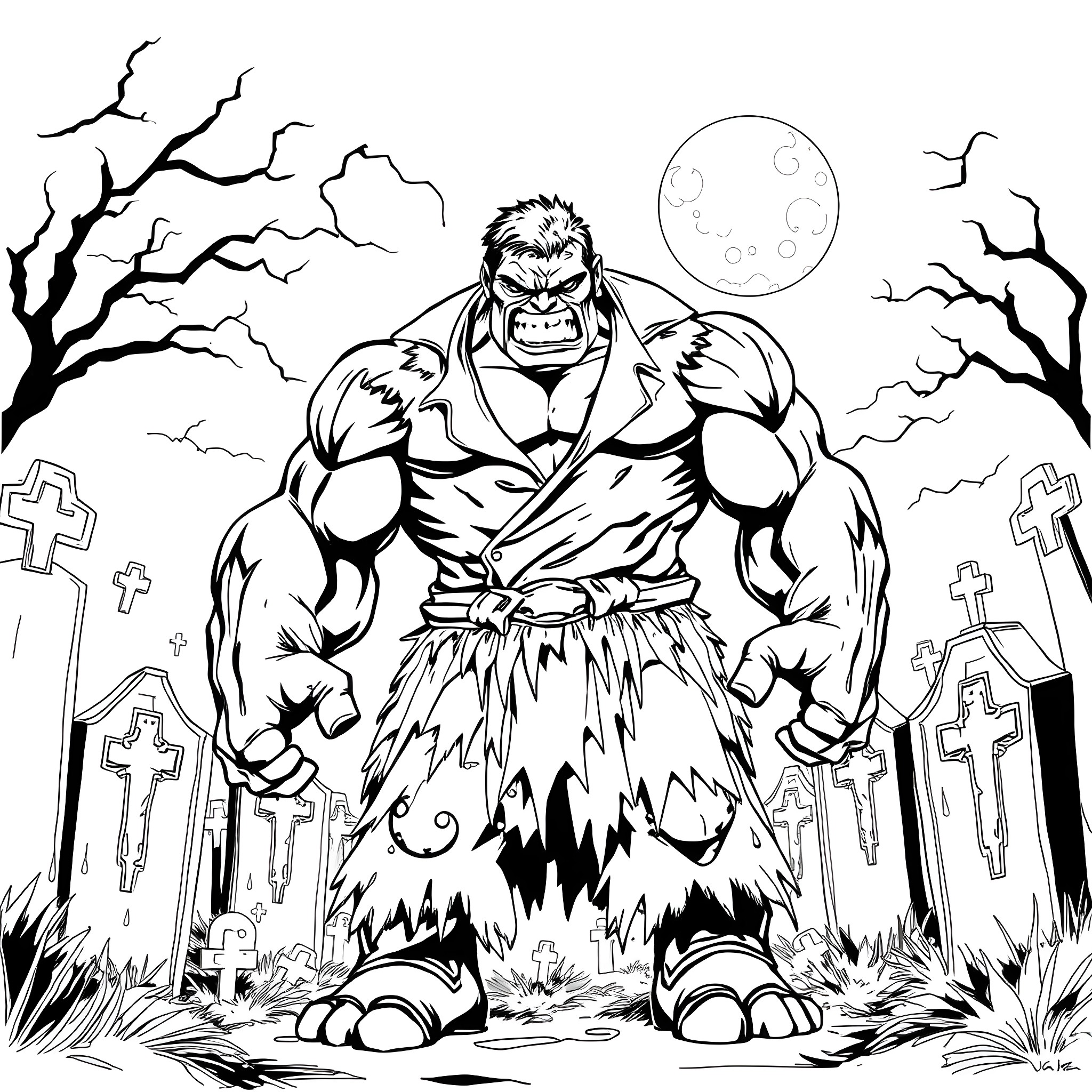 Skulk of a Monstrous Figure in Graveyard Coloring Page (free black-and-white line drawing printable PDF for all, from beginners to advanced learners, including children, teens, adults, and seniors)