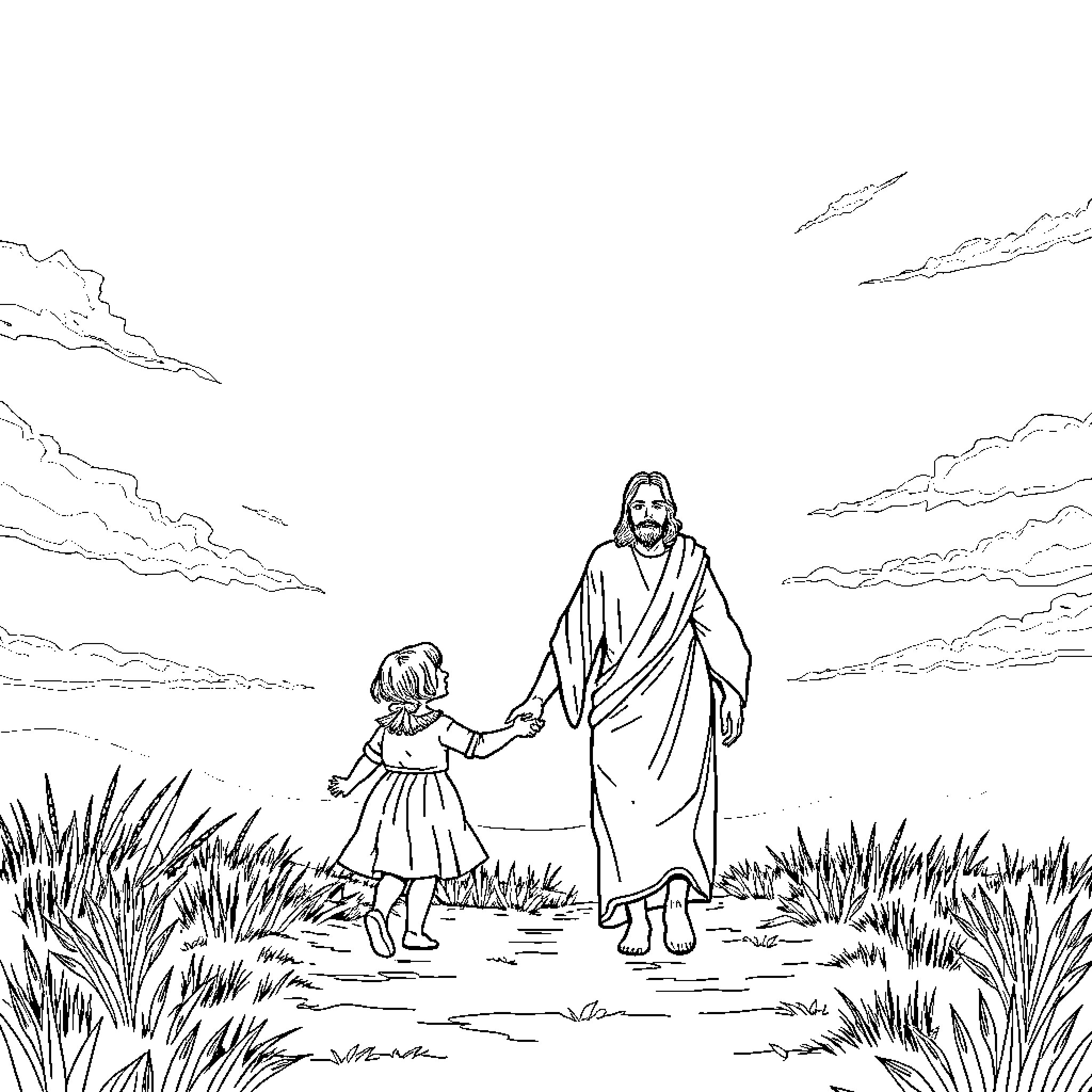Jesus leading a young girl through the meadows Coloring Page (free black-and-white line drawing printable PDF for all, from beginners to advanced learners, including children, teens, adults, and seniors)