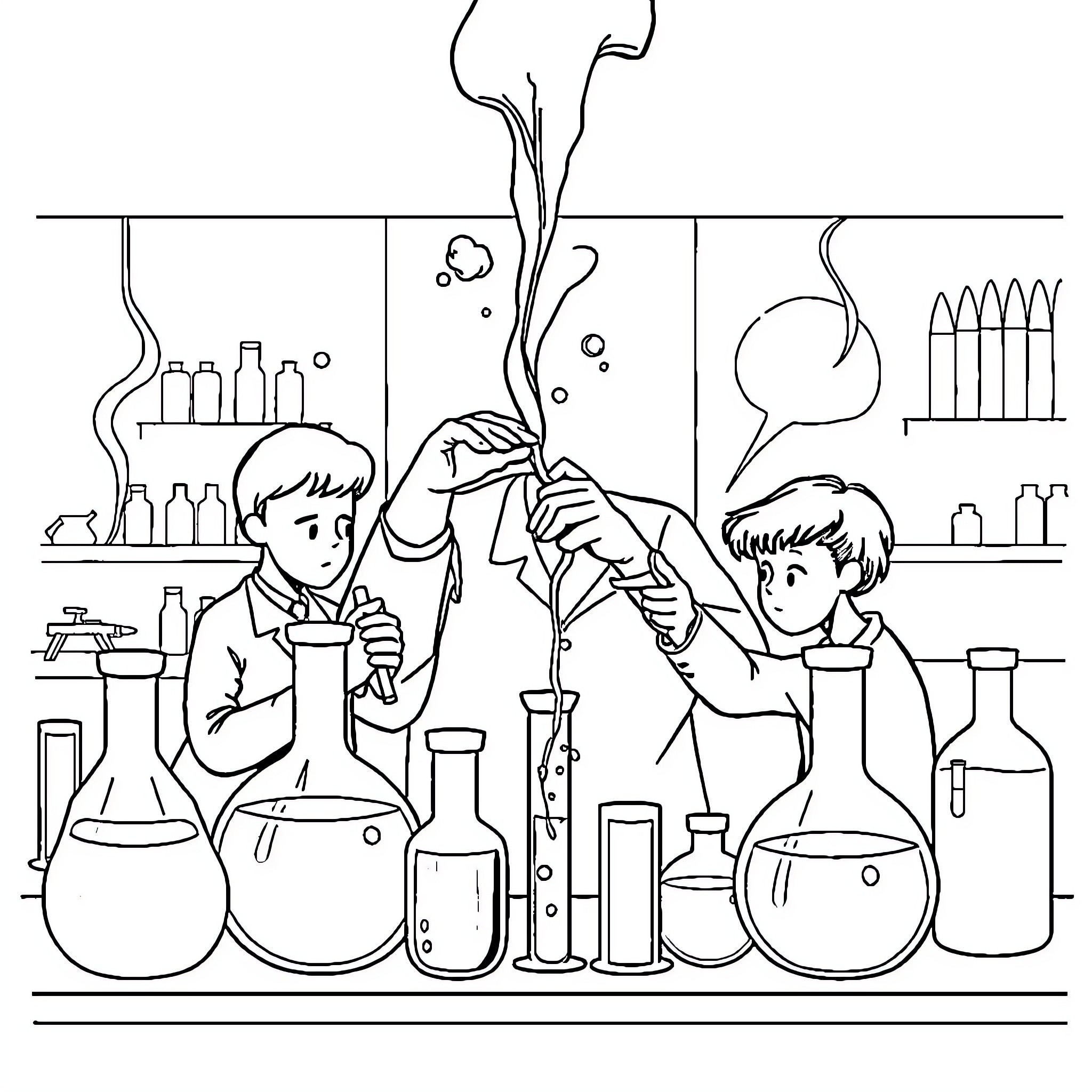 Chemistry Experiment Conducted by Young Students Coloring Page (free black-and-white line drawing printable PDF for all, from beginners to advanced learners, including children, teens, adults, and seniors)
