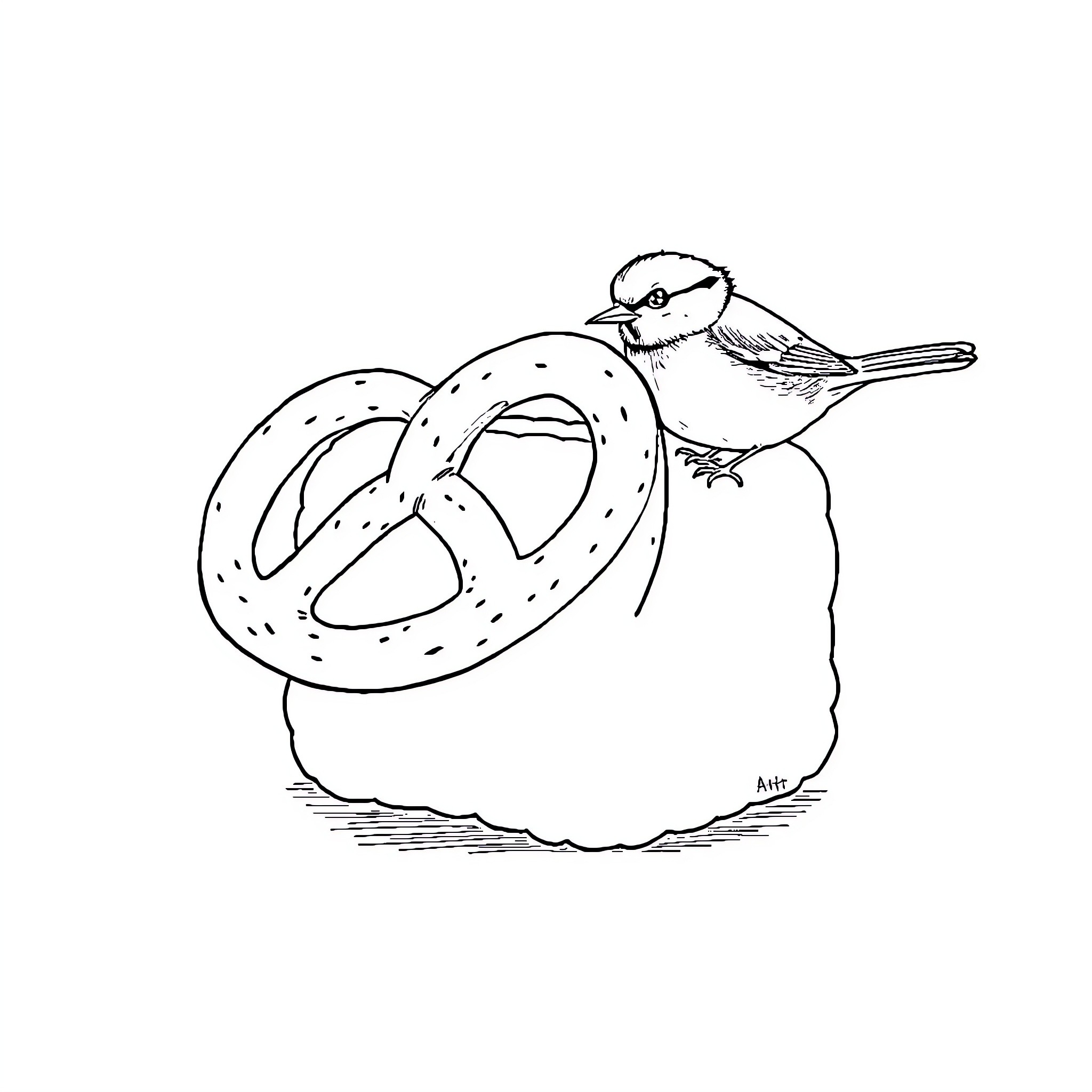 Pretzel Bird perching on snack Coloring Page (free black-and-white line drawing printable PDF for all, from beginners to advanced learners, including children, teens, adults, and seniors)