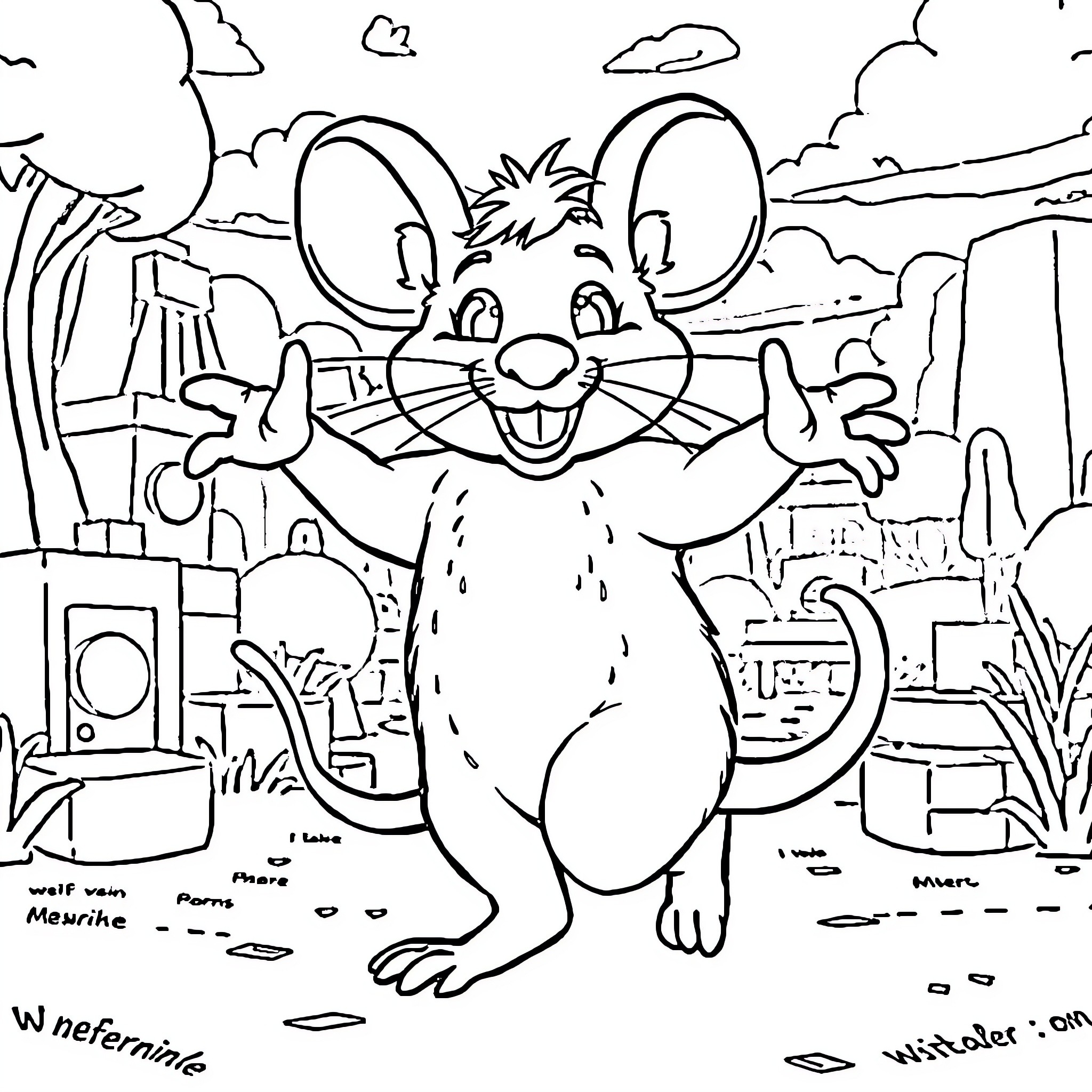Rat exploring a whimsical outdoor scene Coloring Page (free black-and-white line drawing printable PDF for all, from beginners to advanced learners, including children, teens, adults, and seniors)