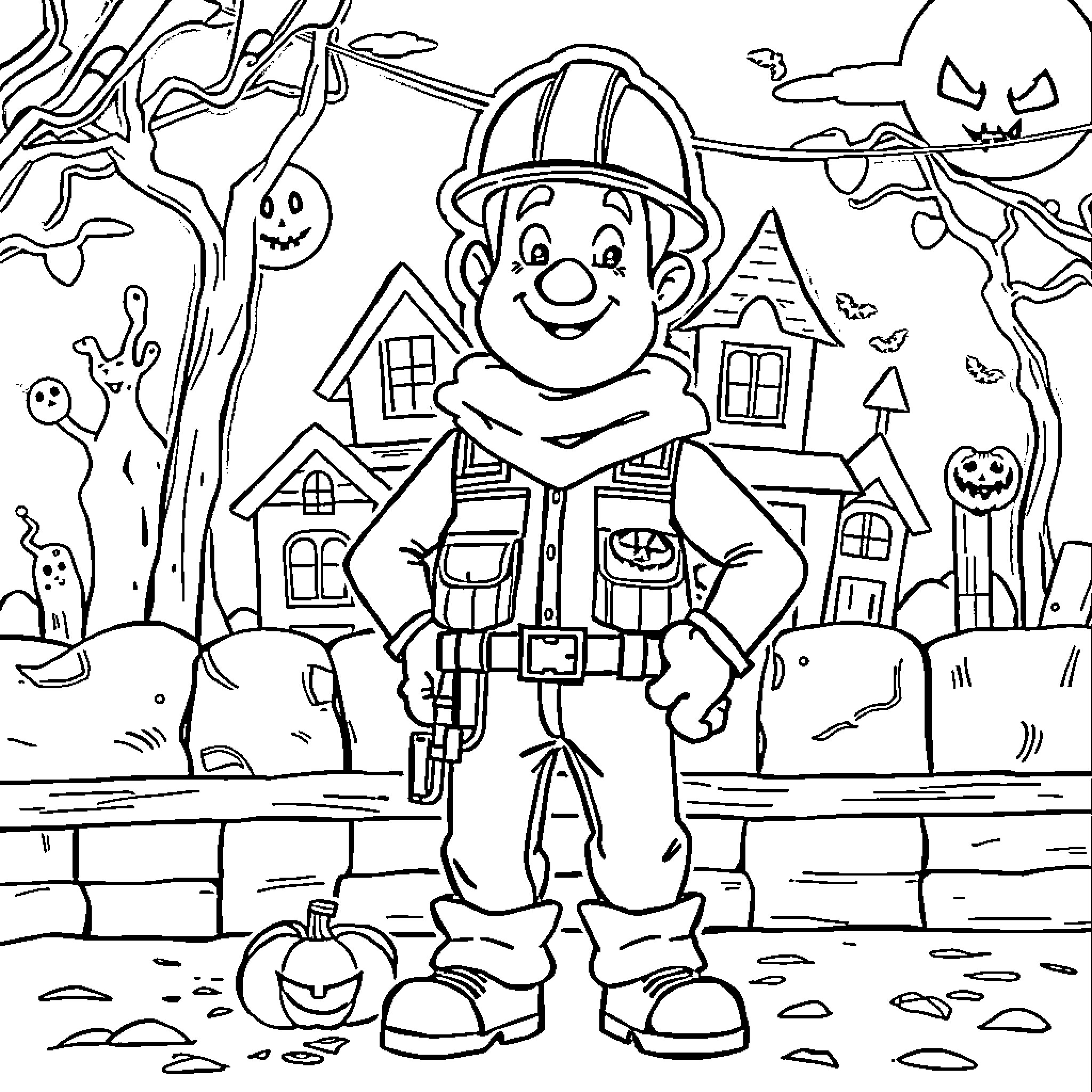 Construction Worker Exploring Haunted Halloween House Coloring Page (free black-and-white line drawing printable PDF for all, from beginners to advanced learners, including children, teens, adults, and seniors)