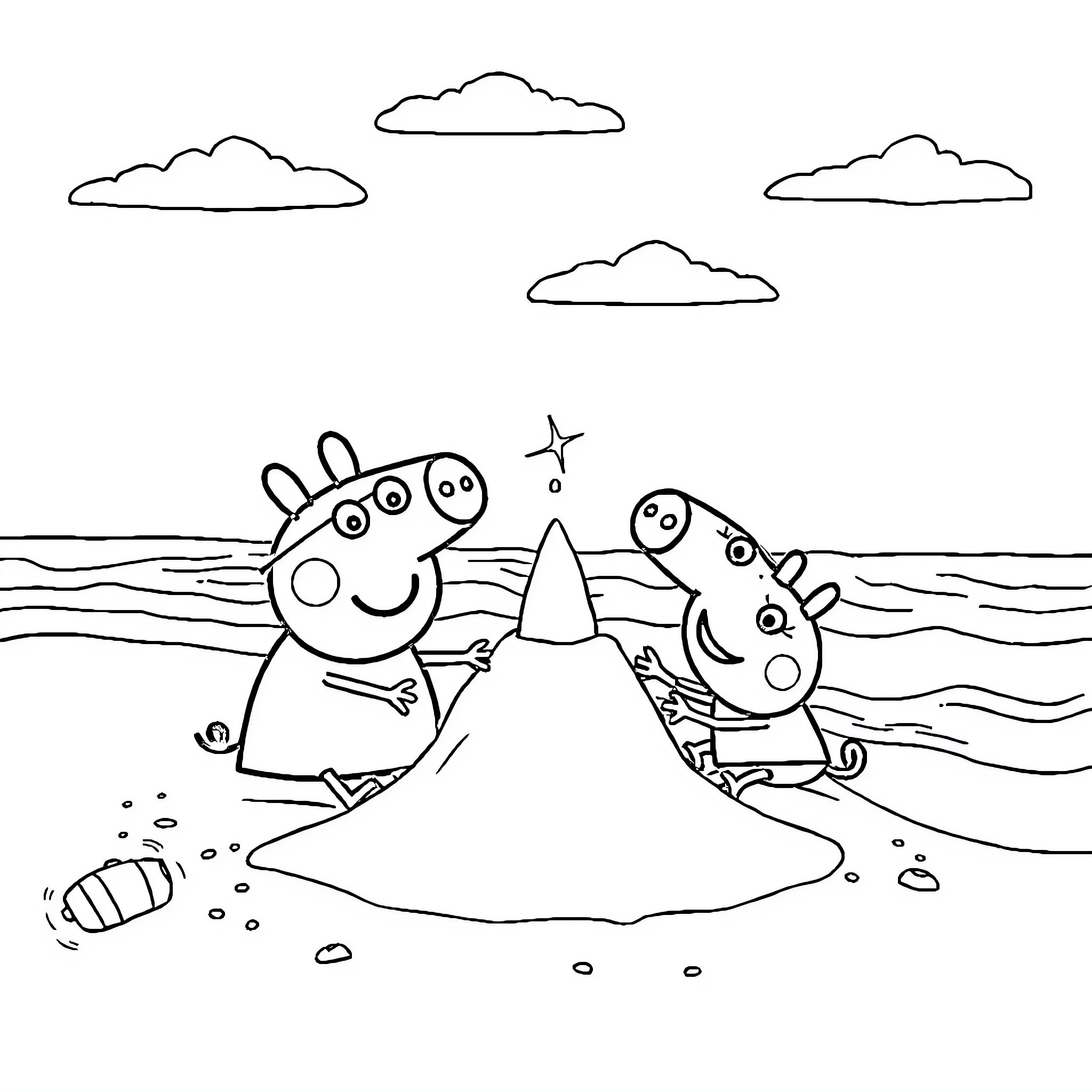 Peppa Pig and friends enjoy a day at the beach Coloring Page (free black-and-white line drawing printable PDF for all, from beginners to advanced learners, including children, teens, adults, and seniors)