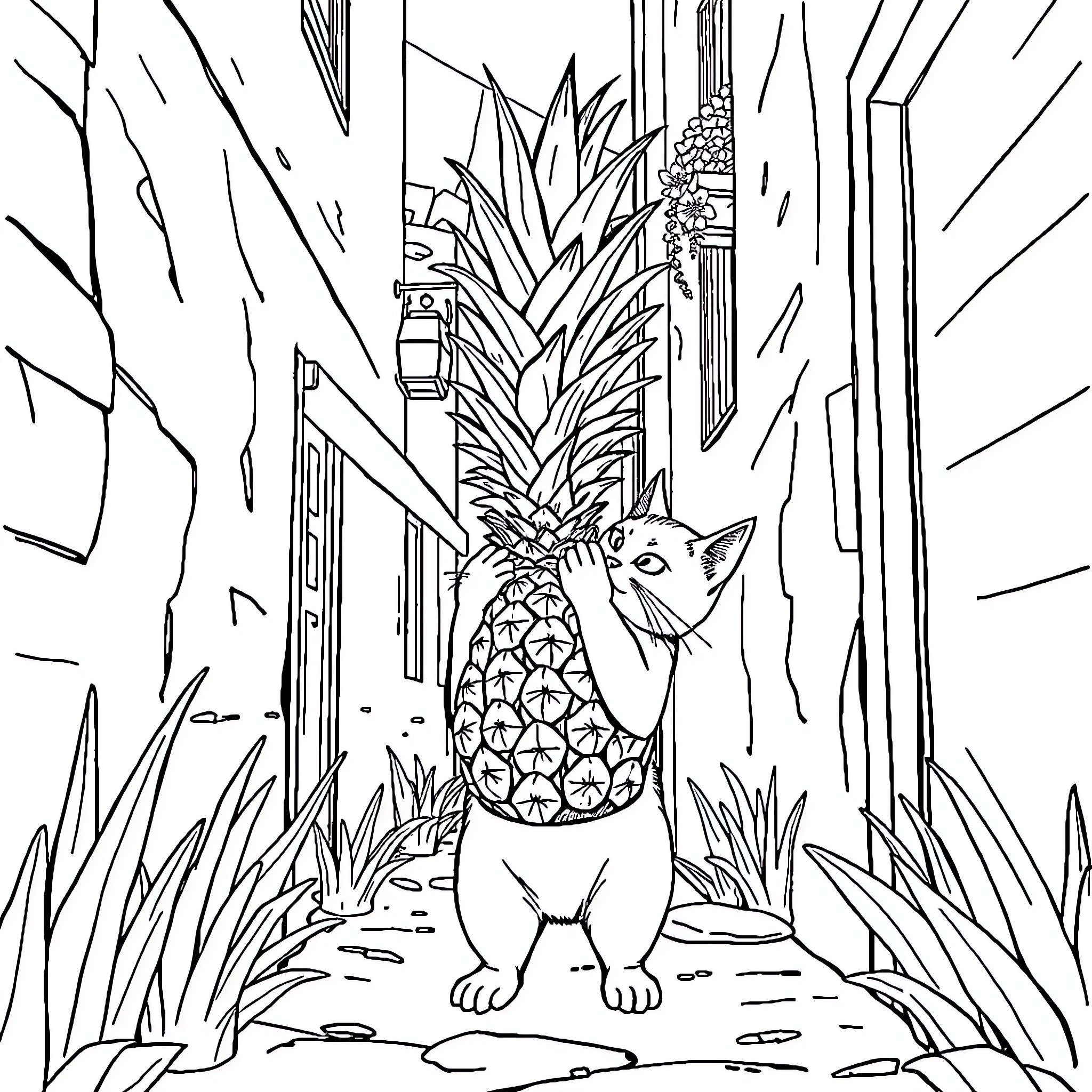 Cat exploring tropical forest with pineapple Coloring Page (free black-and-white line drawing printable PDF for all, from beginners to advanced learners, including children, teens, adults, and seniors)