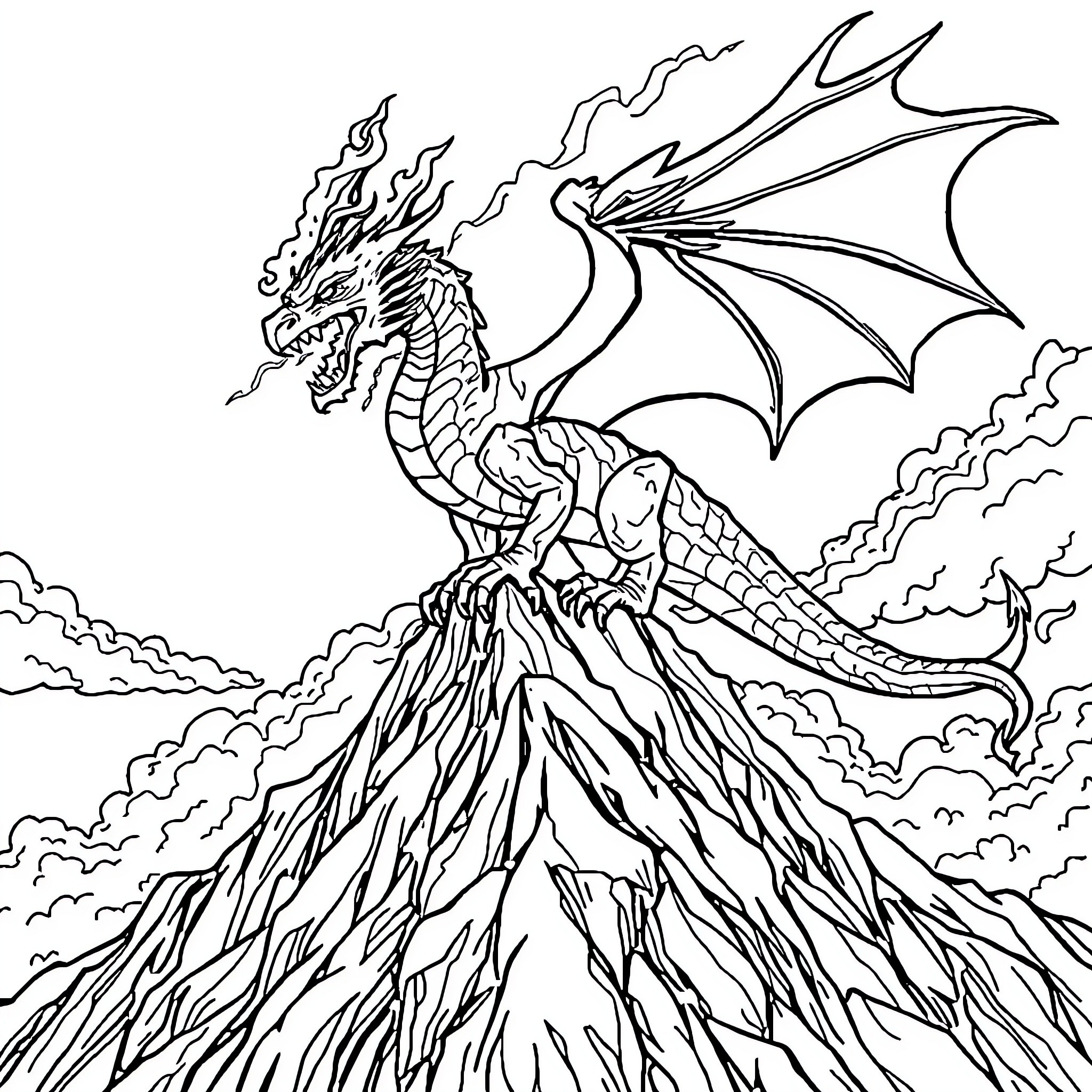 Dragon emerging from the volcanic landscape Coloring Page (free black-and-white line drawing printable PDF for all, from beginners to advanced learners, including children, teens, adults, and seniors)