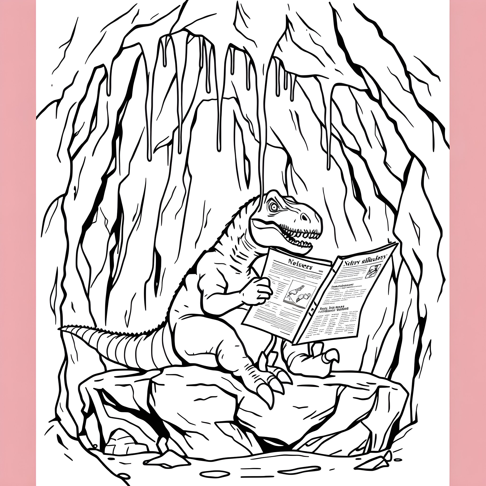 T-Rex reading newspaper in cave Coloring Page (free black-and-white line drawing printable PDF for all, from beginners to advanced learners, including children, teens, adults, and seniors)