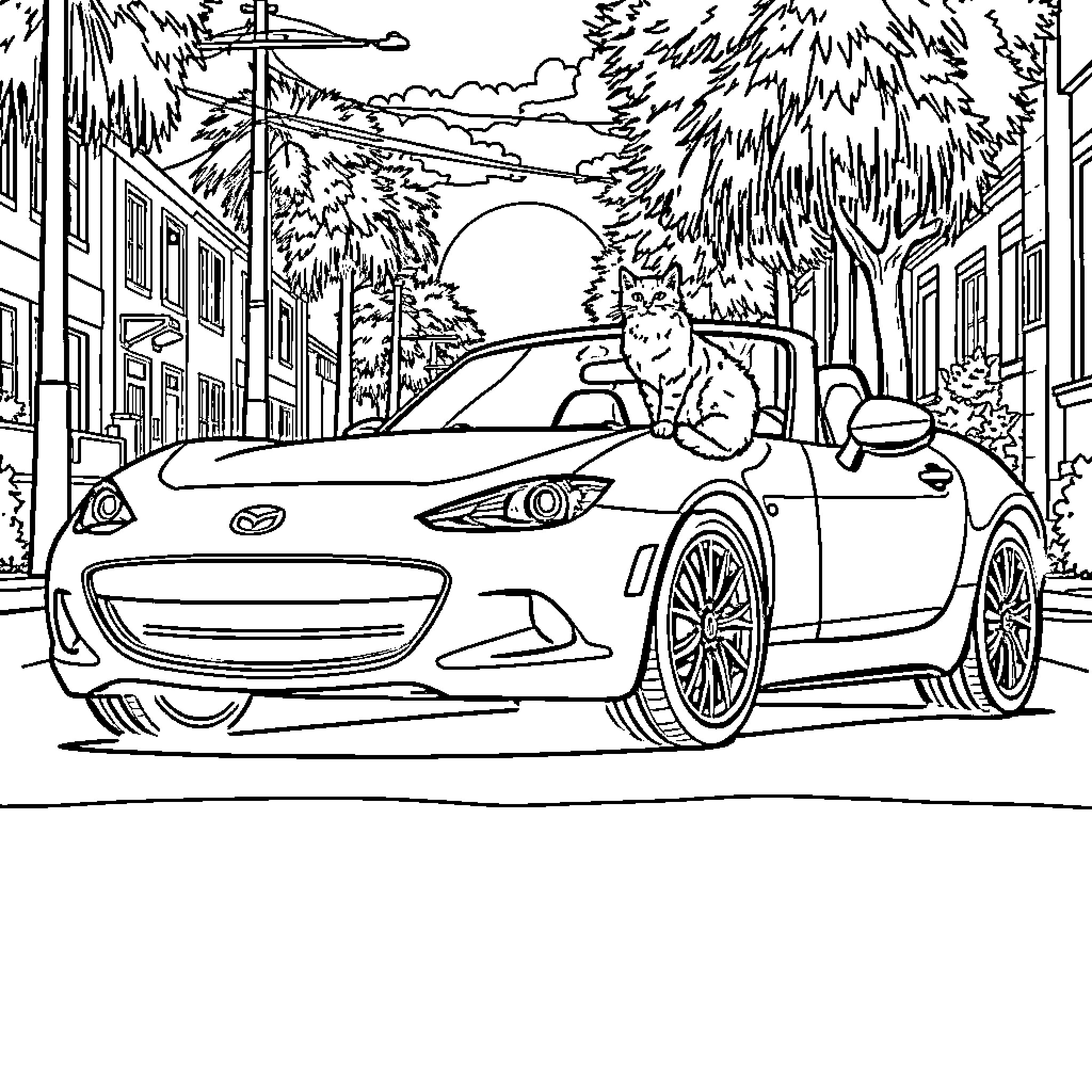 Mazda Miata with a cat in the city Coloring Page (free black-and-white line drawing printable PDF for all, from beginners to advanced learners, including children, teens, adults, and seniors)