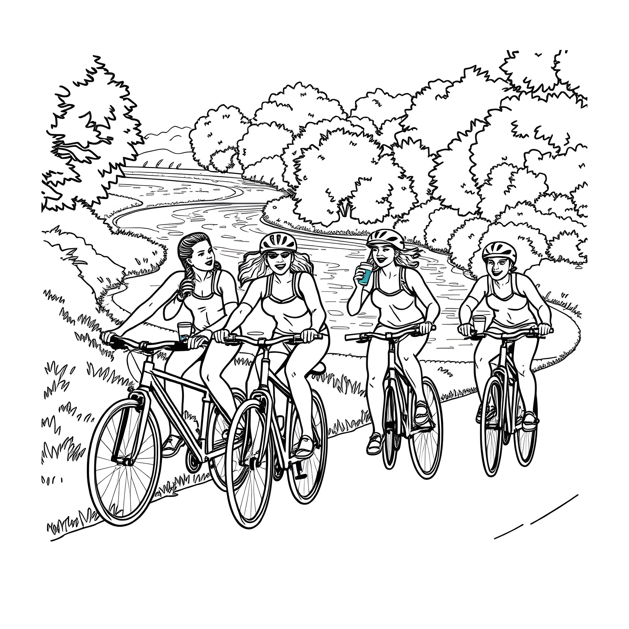 Guy Cyclists Riding on a Scenic Path Coloring Page (free black-and-white line drawing printable PDF for all, from beginners to advanced learners, including children, teens, adults, and seniors)