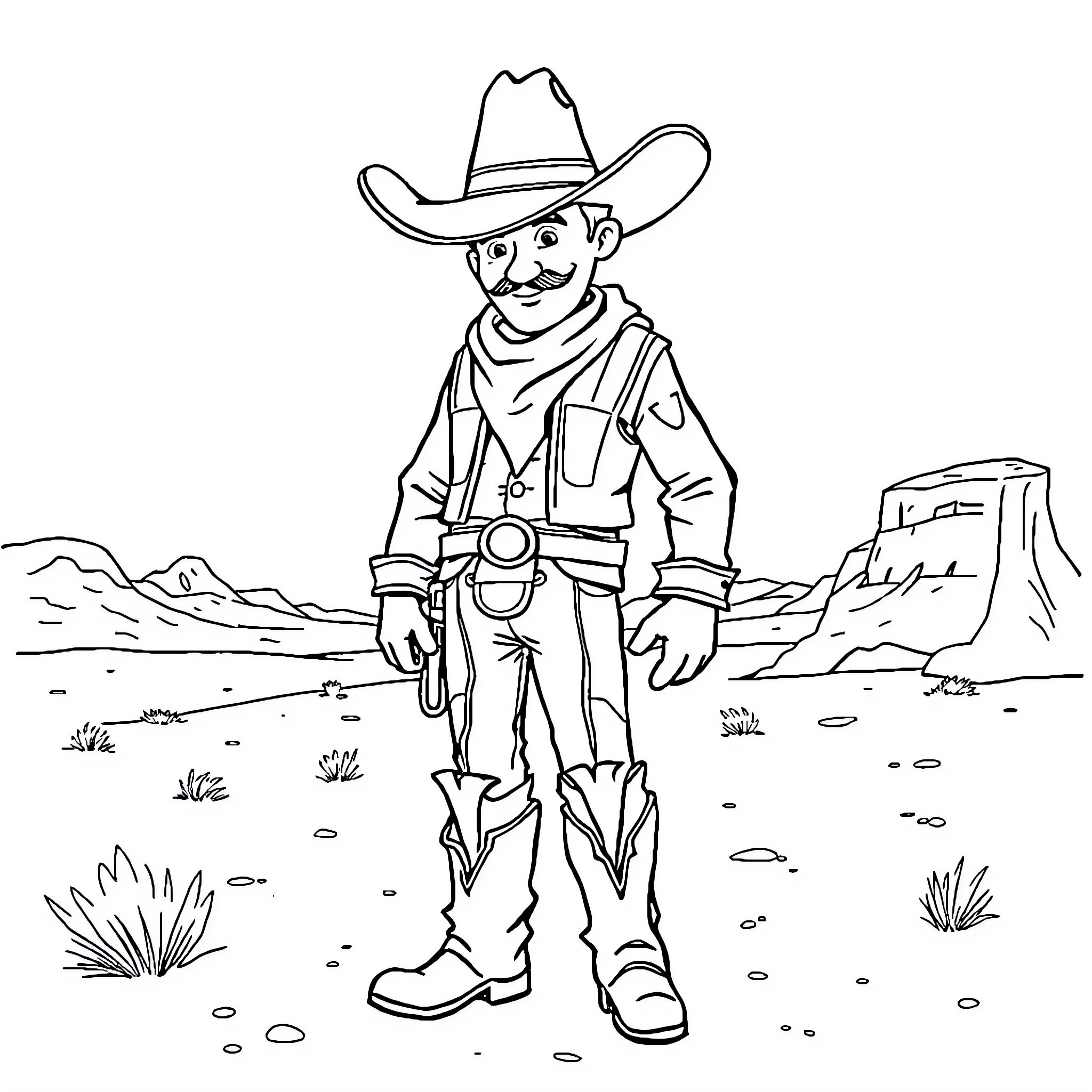 Cowboy standing tall in the desert landscape Coloring Page (free black-and-white line drawing printable PDF for all, from beginners to advanced learners, including children, teens, adults, and seniors)