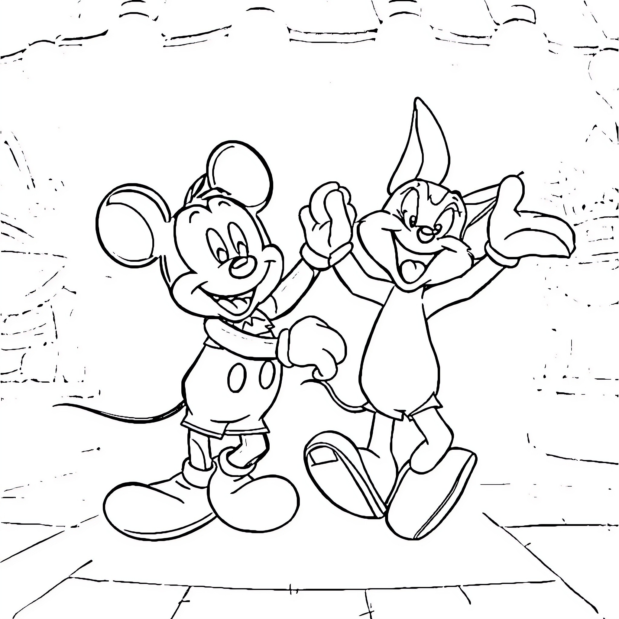 Mickey and Oswald Cartoon Characters Posing Playfully Coloring Page (free black-and-white line drawing printable PDF for all, from beginners to advanced learners, including children, teens, adults, and seniors)
