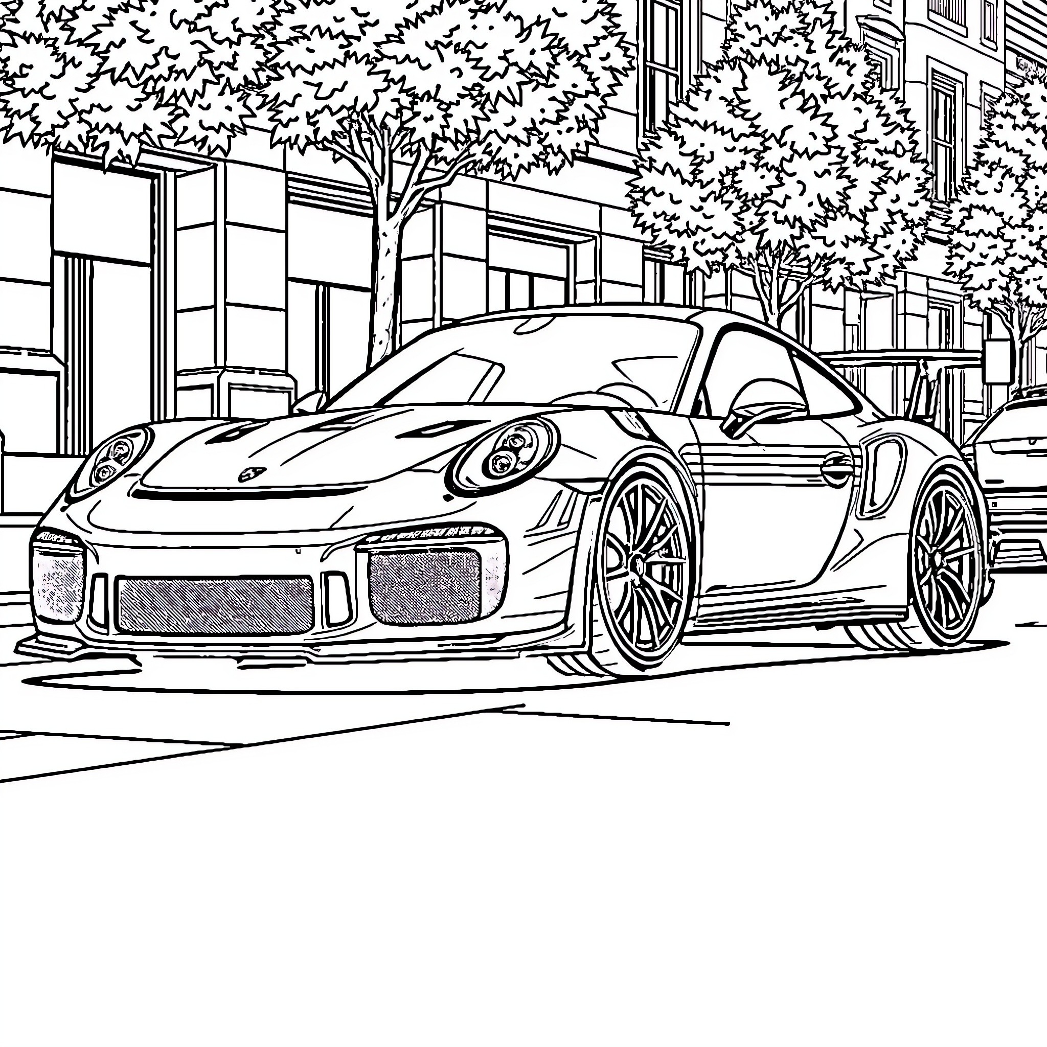 Porsche Sports Car on Urban Street Coloring Page (free black-and-white line drawing printable PDF for all, from beginners to advanced learners, including children, teens, adults, and seniors)
