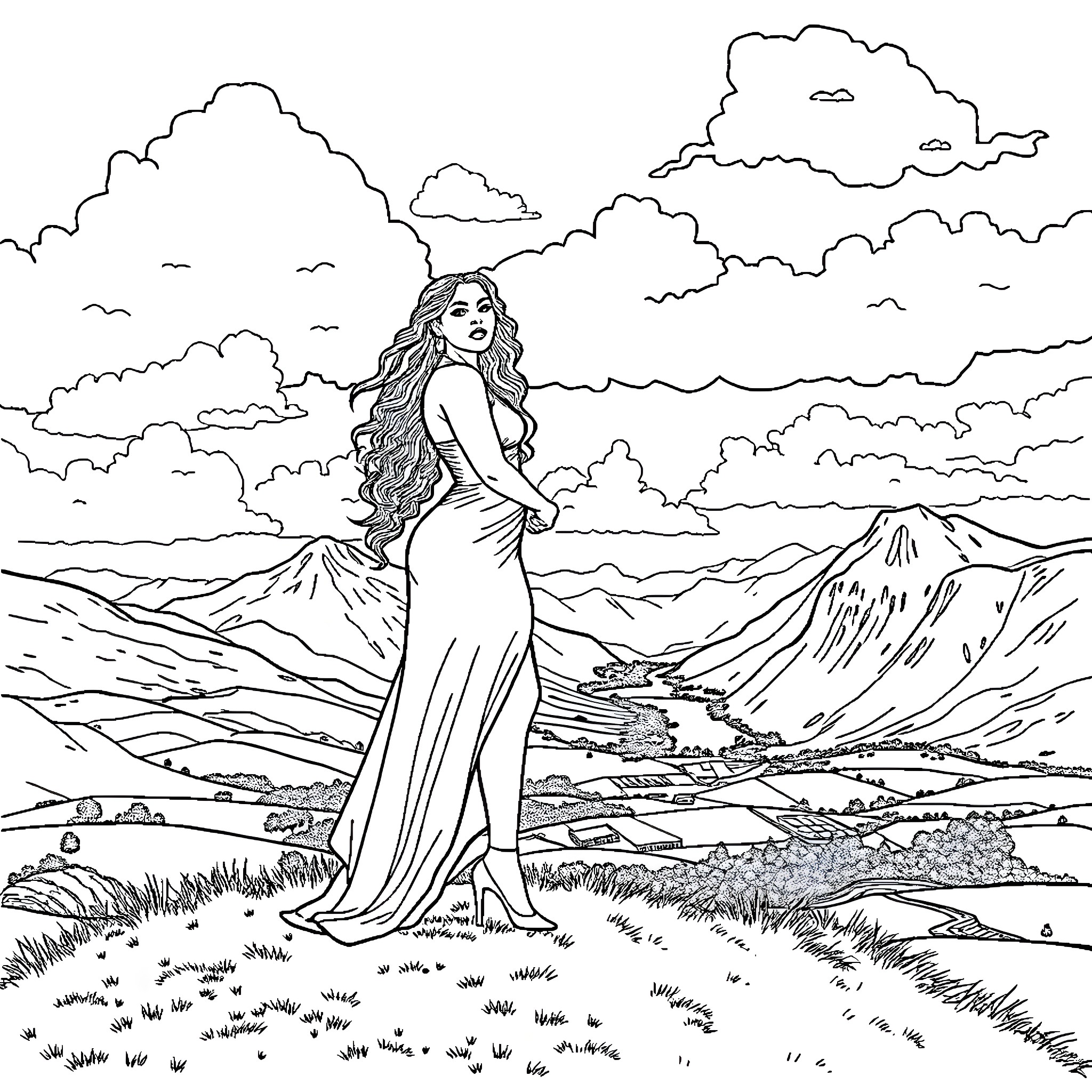 Beyonce in a serene outdoor landscape Coloring Page (free black-and-white line drawing printable PDF for all, from beginners to advanced learners, including children, teens, adults, and seniors)