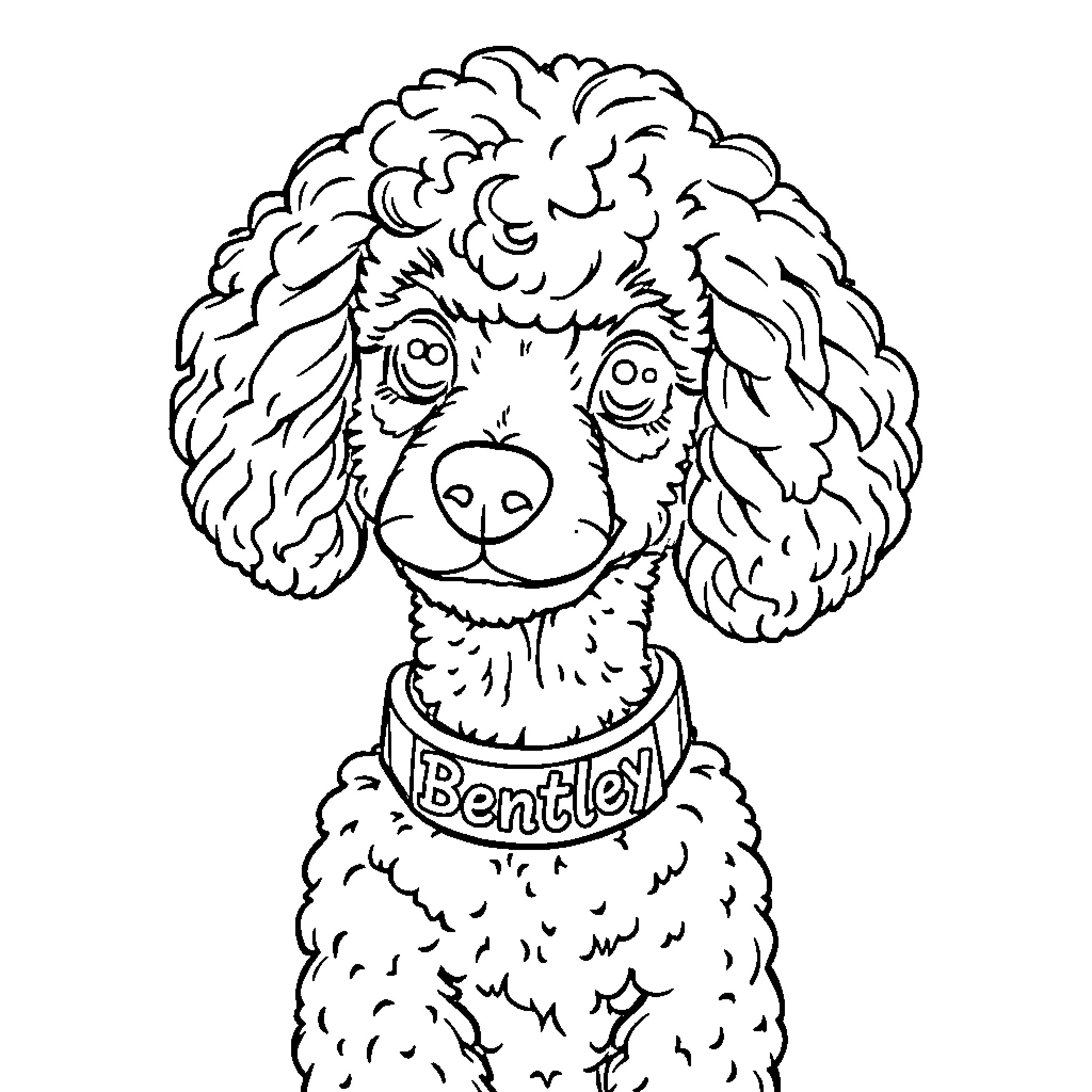 Poodle with Funny Expressions and Collar Coloring Page (free black-and-white line drawing printable PDF for all, from beginners to advanced learners, including children, teens, adults, and seniors)
