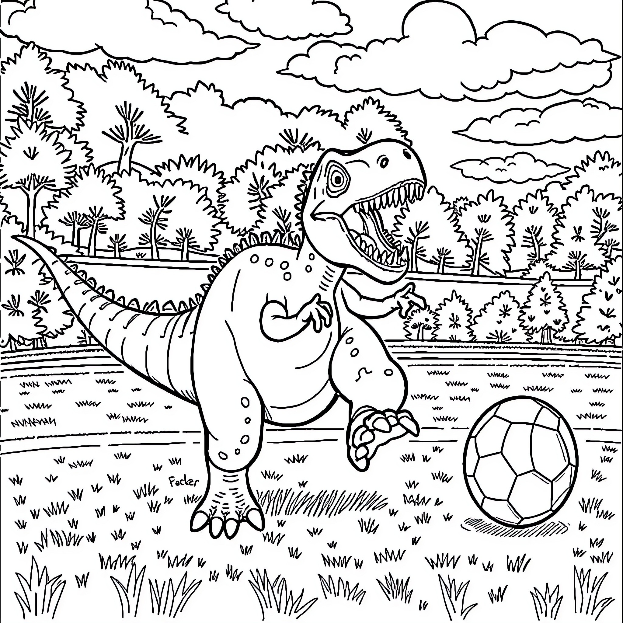 Dinosaur playing with soccer ball in nature Coloring Page (free black-and-white line drawing printable PDF for all, from beginners to advanced learners, including children, teens, adults, and seniors)