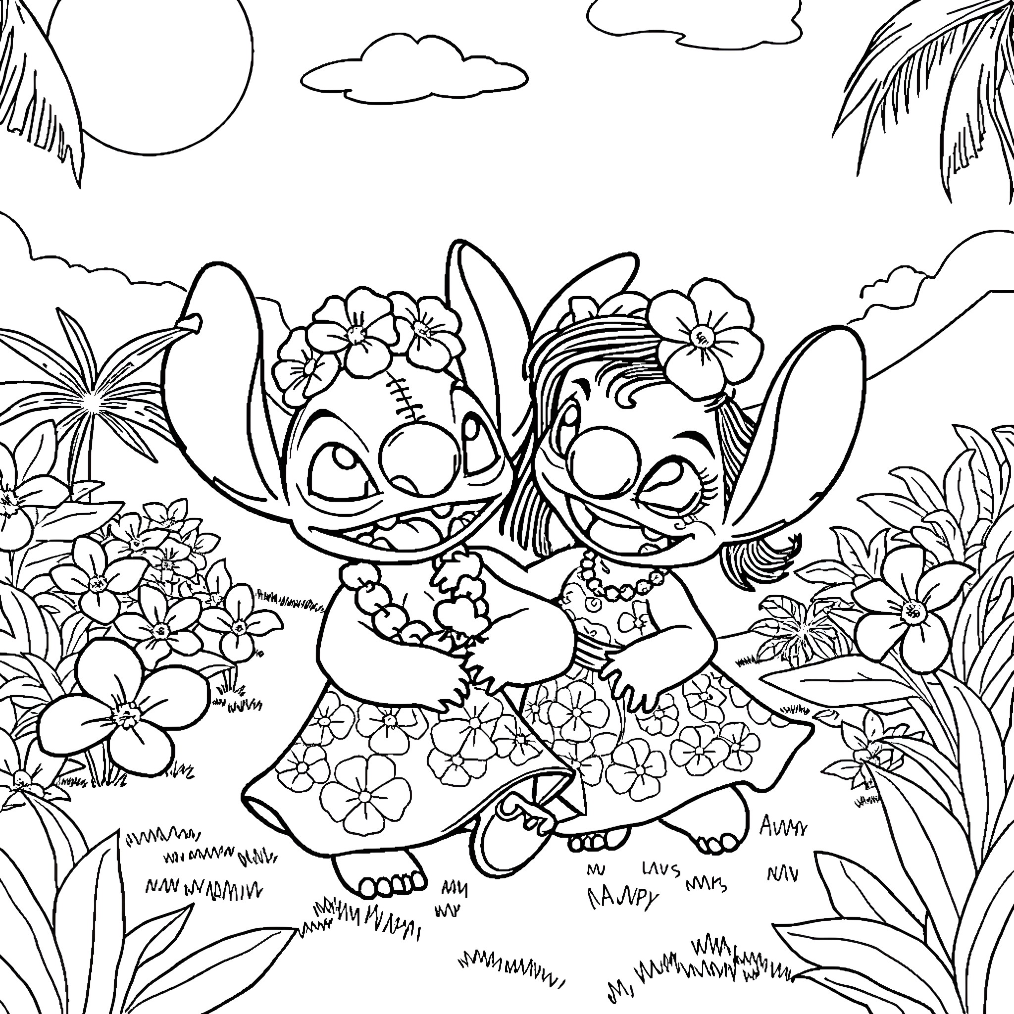 Lilo And Stitch Enjoying a Tropical Adventure Coloring Page (free black-and-white line drawing printable PDF for all, from beginners to advanced learners, including children, teens, adults, and seniors)