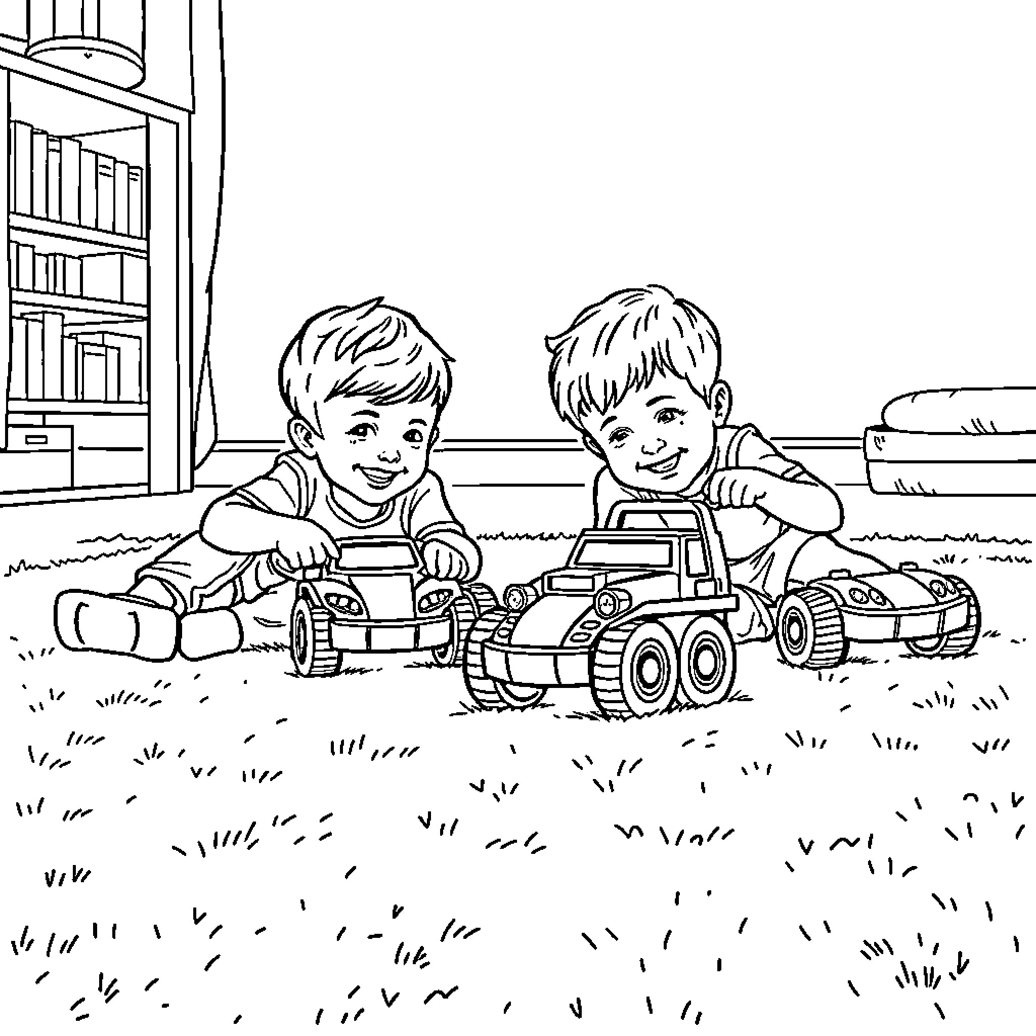 Car toys played by smiling children Coloring Page (free black-and-white line drawing printable PDF for all, from beginners to advanced learners, including children, teens, adults, and seniors)