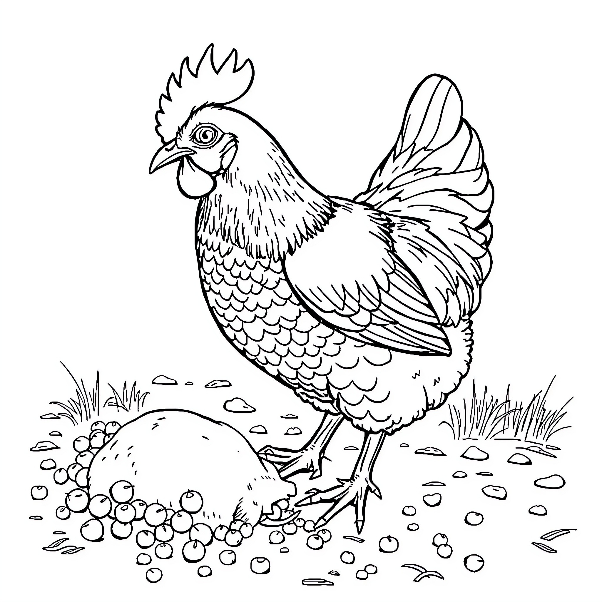 Hen pecking through grains on the ground Coloring Page (free black-and-white line drawing printable PDF for all, from beginners to advanced learners, including children, teens, adults, and seniors)