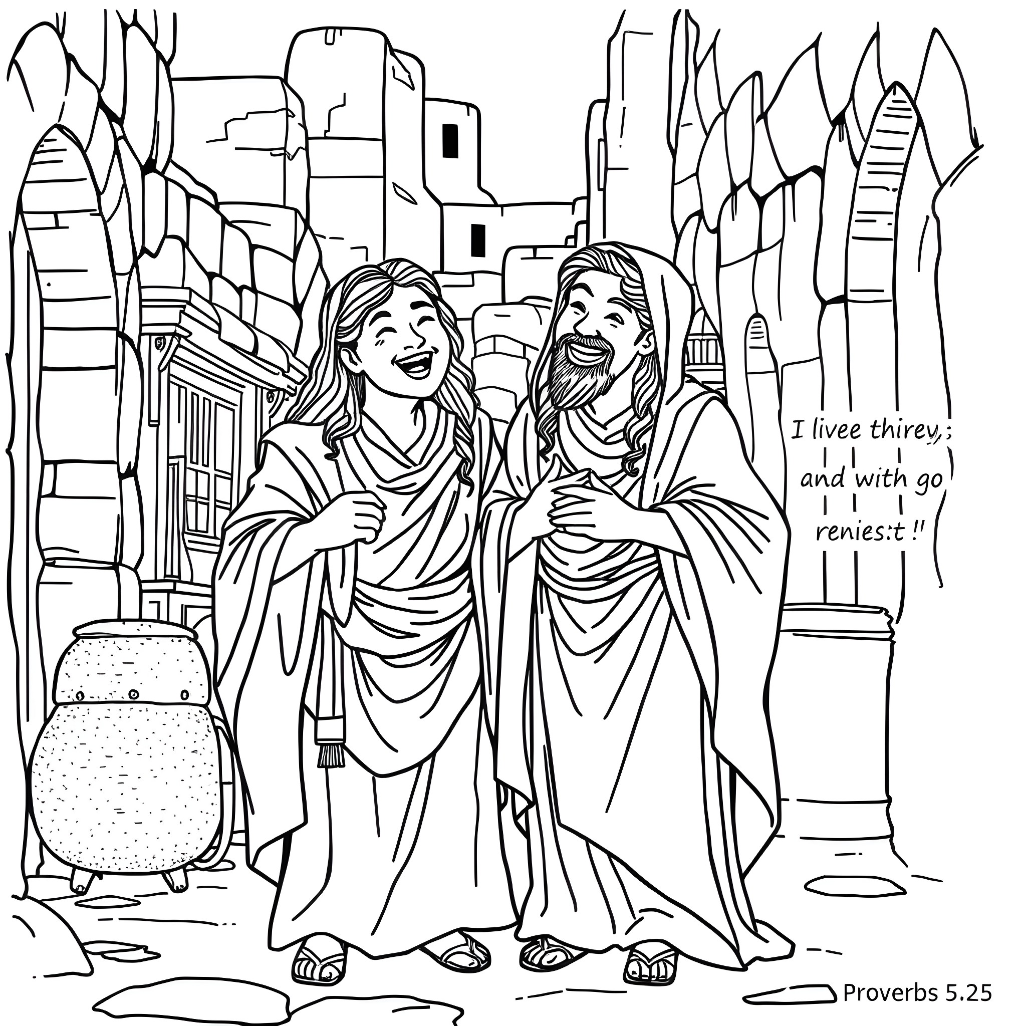 Friends Sharing a Joyful Moment in the City Coloring Page (free black-and-white line drawing printable PDF for all, from beginners to advanced learners, including children, teens, adults, and seniors)