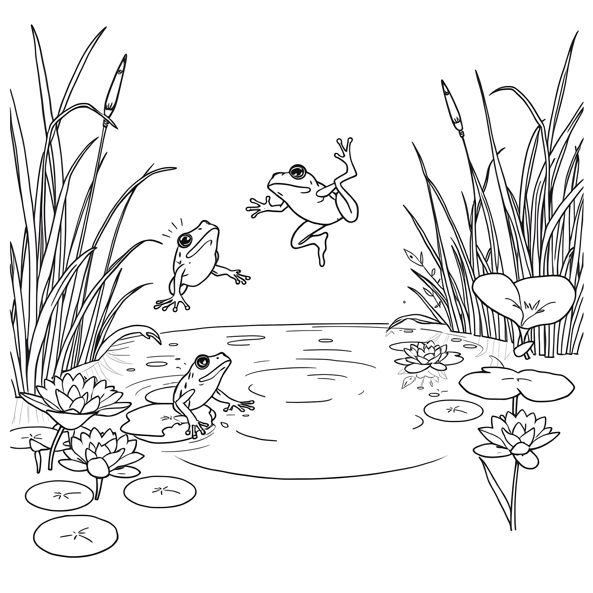 Frogs hopping and playing in a pond Coloring Page (free black-and-white line drawing printable PDF for all, from beginners to advanced learners, including children, teens, adults, and seniors)