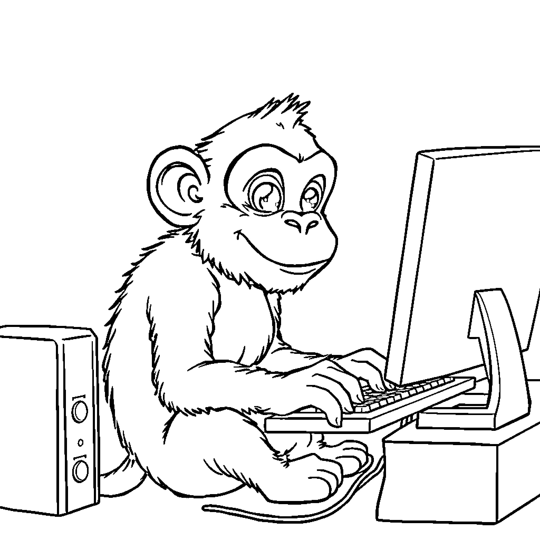 Monkey diligently working on computer Coloring Page (free black-and-white line drawing printable PDF for all, from beginners to advanced learners, including children, teens, adults, and seniors)