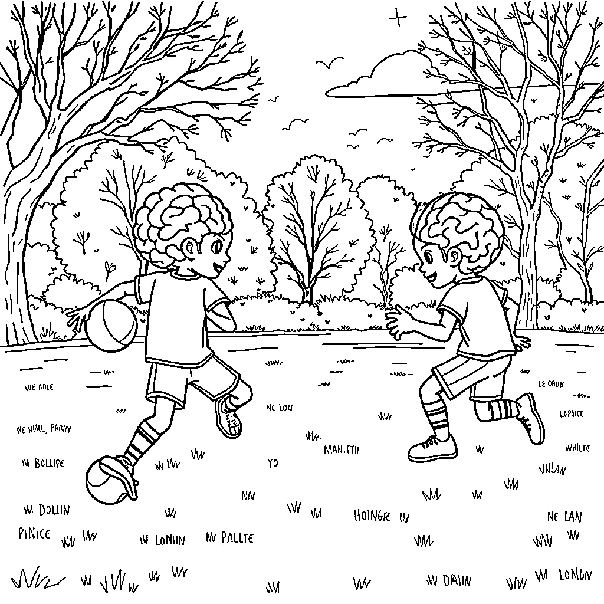 Brainrot: Childlike Figures Frolicking in Nature Coloring Page (free black-and-white line drawing printable PDF for all, from beginners to advanced learners, including children, teens, adults, and seniors)