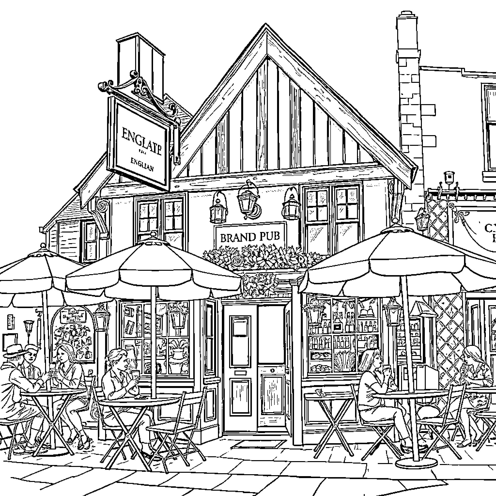 Pub with Patrons Dining and Relaxing Outdoors Coloring Page (free black-and-white line drawing printable PDF for all, from beginners to advanced learners, including children, teens, adults, and seniors)