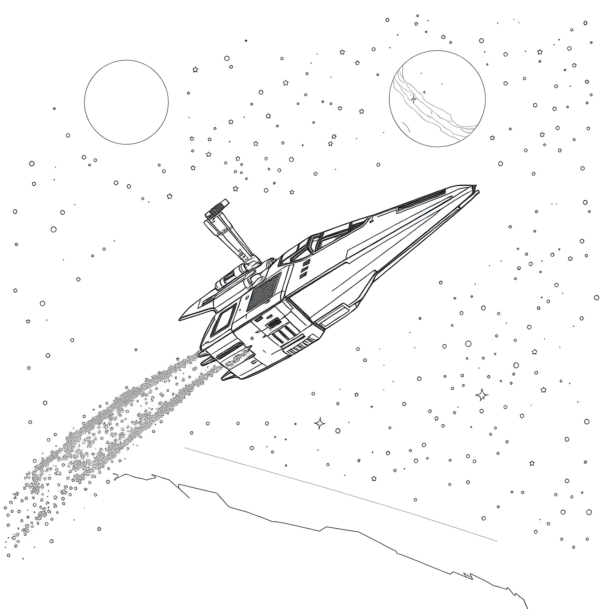 Boba Fett's Spaceship Soaring Through the Cosmos Coloring Page (free black-and-white line drawing printable PDF for all, from beginners to advanced learners, including children, teens, adults, and seniors)