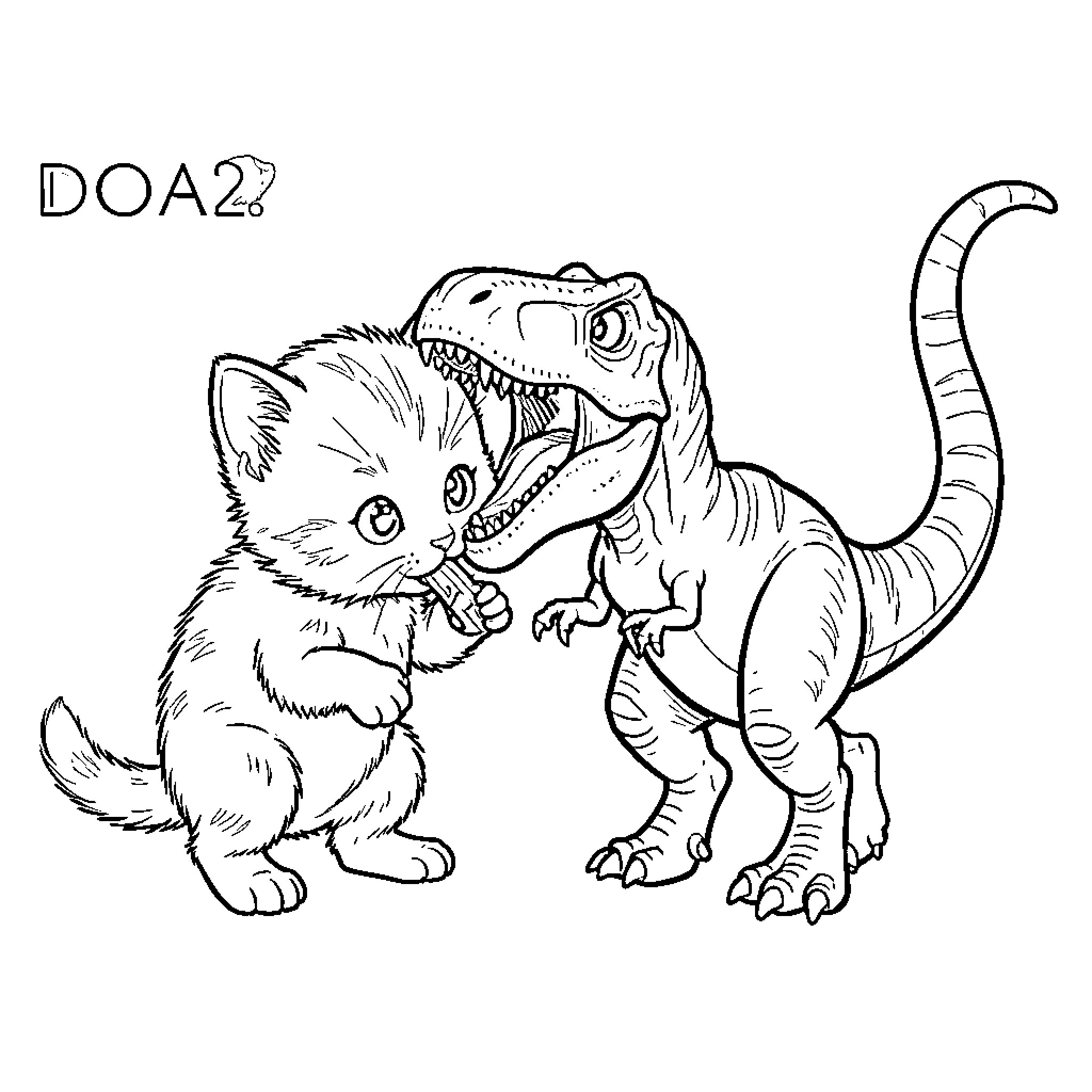 Kitten interacting curiously with a friendly dinosaur Coloring Page (free black-and-white line drawing printable PDF for all, from beginners to advanced learners, including children, teens, adults, and seniors)