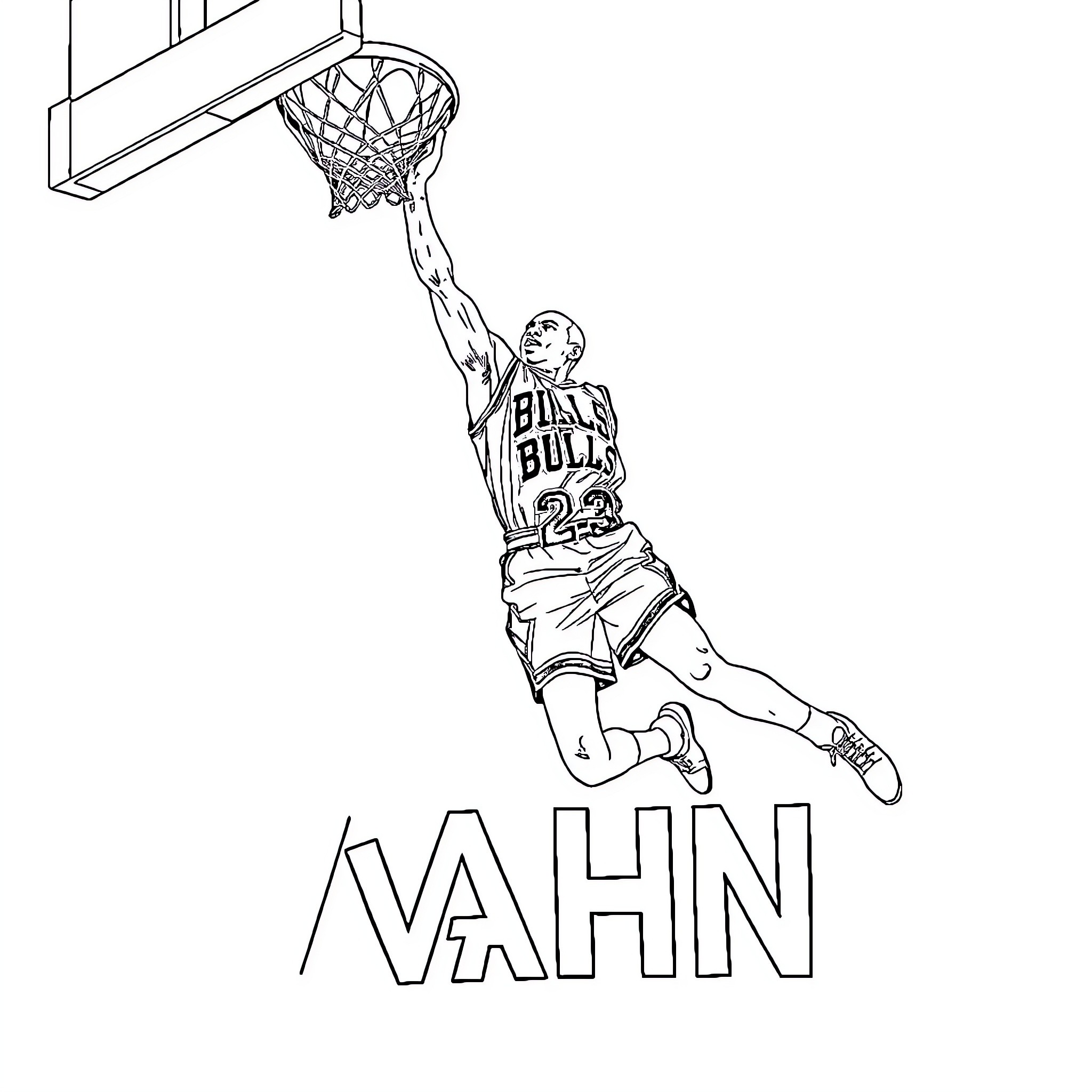 Michael Jordan dunking the basketball forcefully Coloring Page (free black-and-white line drawing printable PDF for all, from beginners to advanced learners, including children, teens, adults, and seniors)
