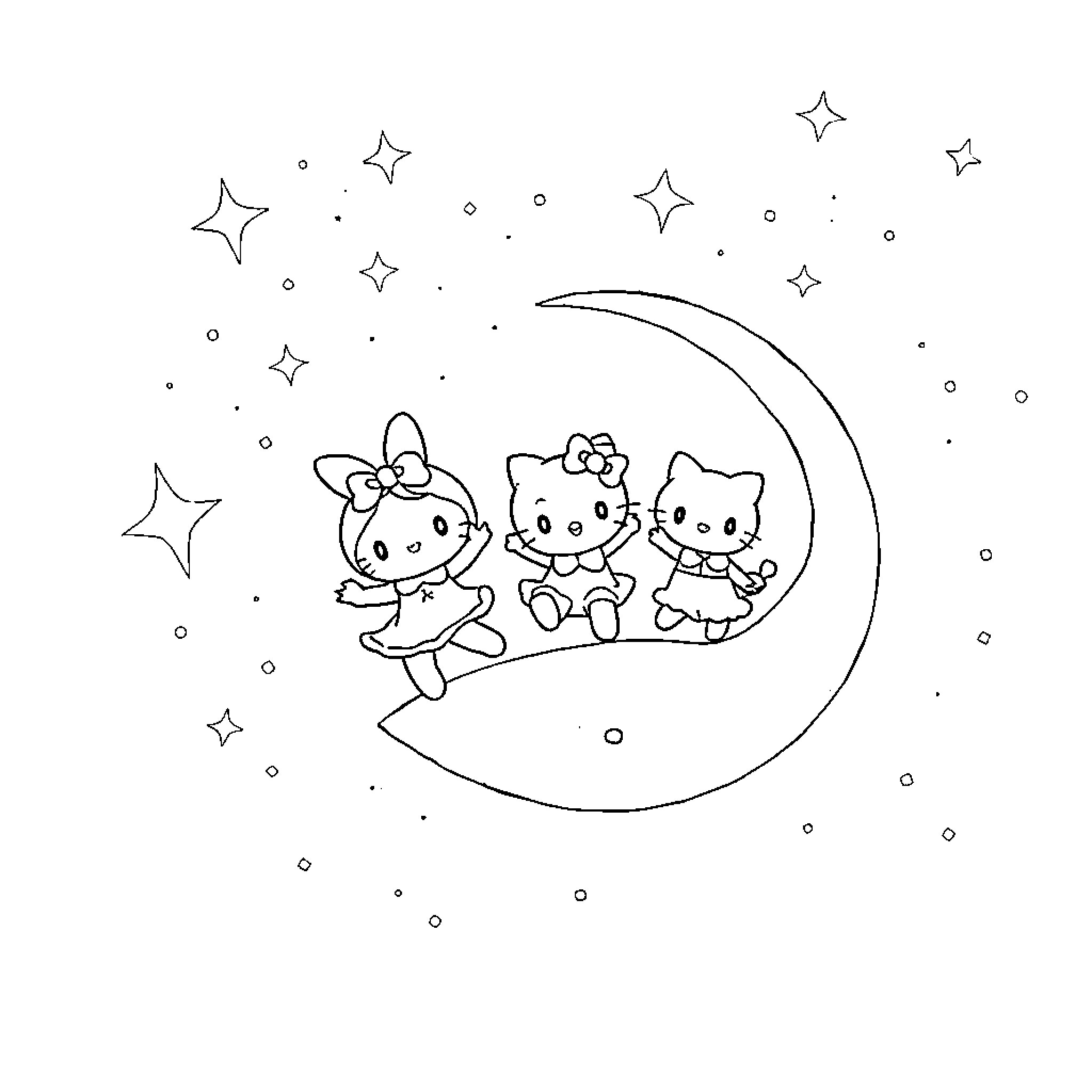 Kuromy Kittens Enjoying Starry Night Coloring Page (free black-and-white line drawing printable PDF for all, from beginners to advanced learners, including children, teens, adults, and seniors)
