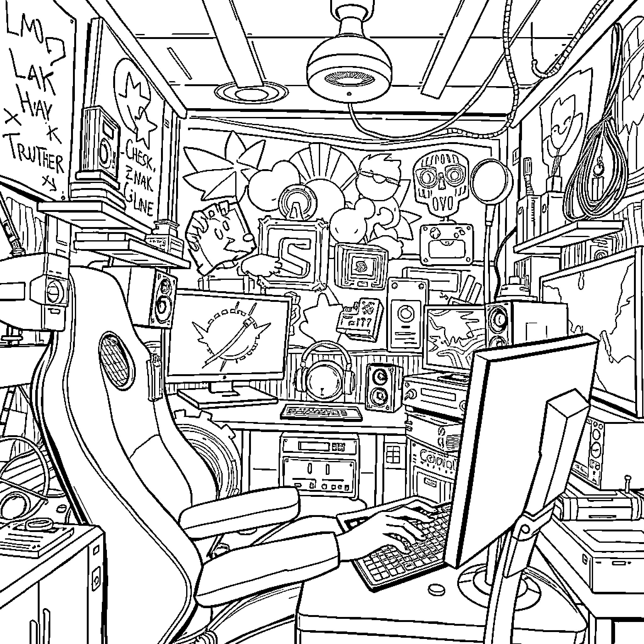 Kai Cenat's Cluttered Gaming Setup Coloring Page (free black-and-white line drawing printable PDF for all, from beginners to advanced learners, including children, teens, adults, and seniors)