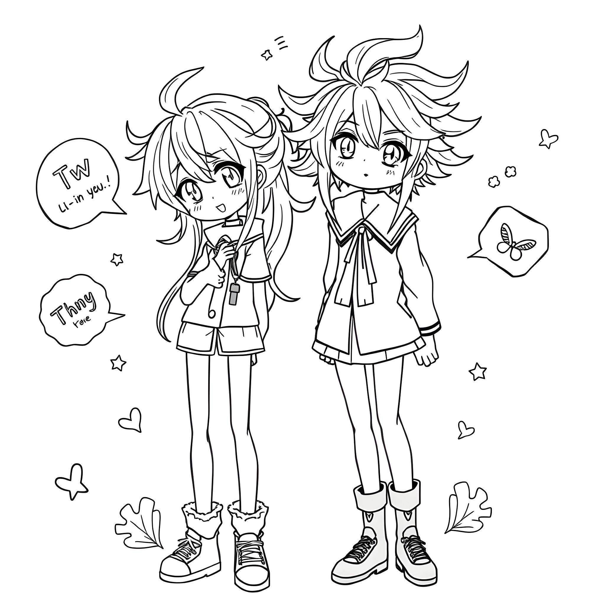 Anime girls expressing joy and friendship Coloring Page (free black-and-white line drawing printable PDF for all, from beginners to advanced learners, including children, teens, adults, and seniors)