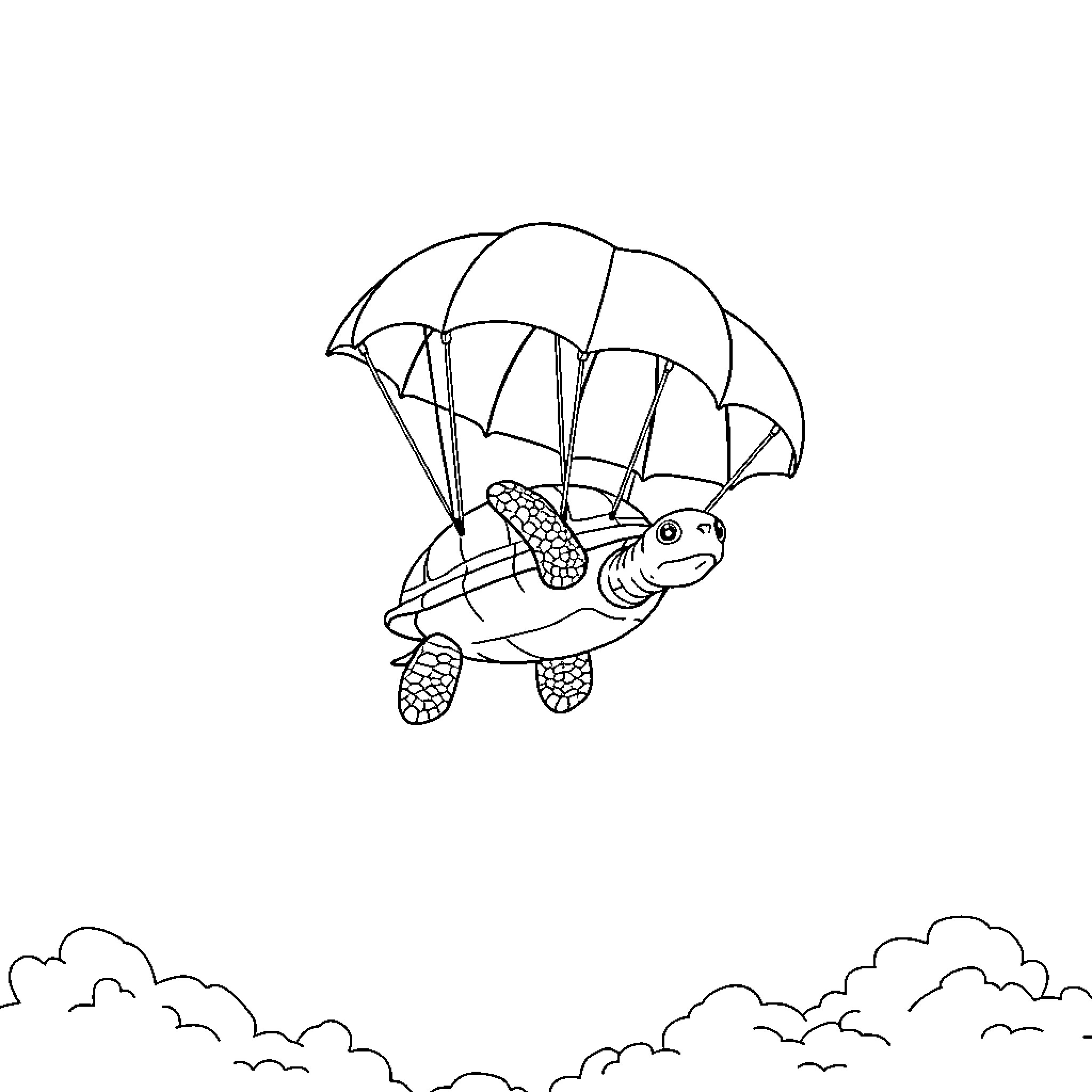 Turtle skydiving with parachute Coloring Page (free black-and-white line drawing printable PDF for all, from beginners to advanced learners, including children, teens, adults, and seniors)